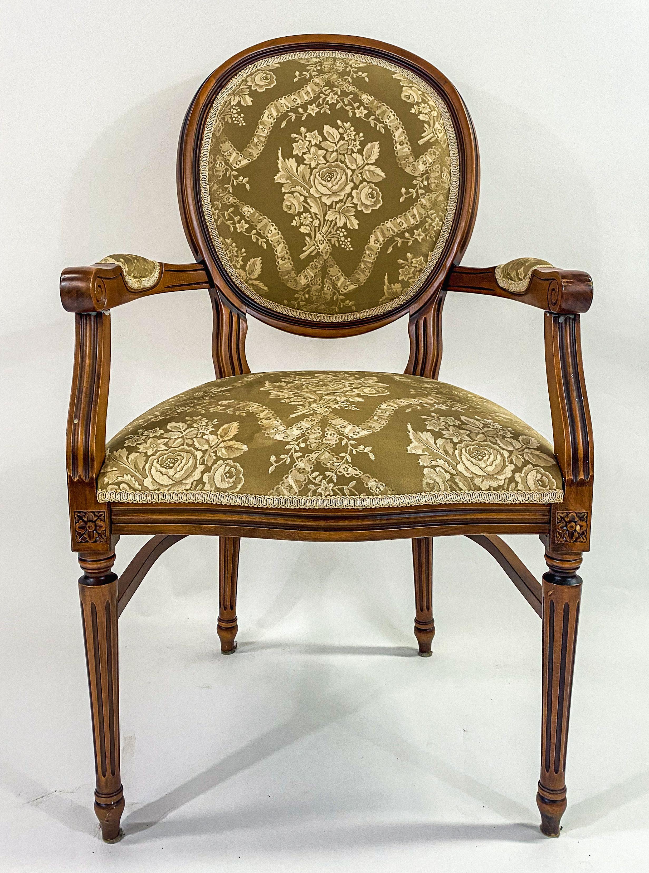 20th Century French Louis XVI Style Bergere Chair with Green Floral Upholstery, a Pair
