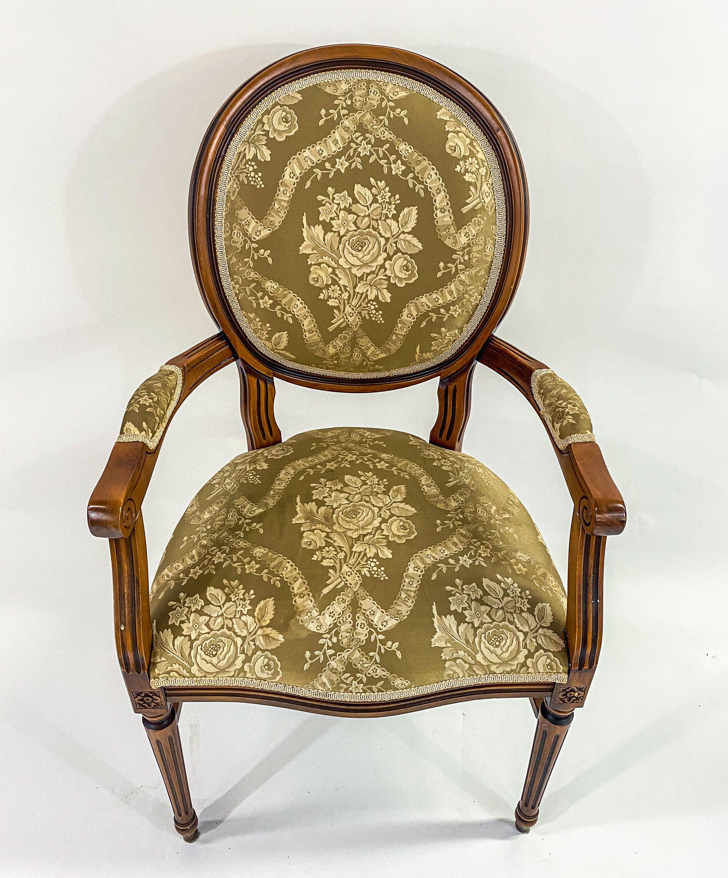 French Louis XVI Style Bergere Chair with Green Floral Upholstery, a Pair 1