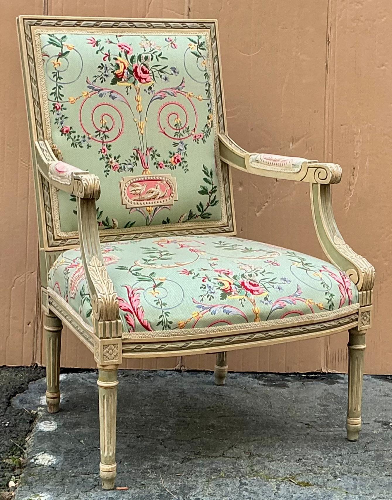 French Louis XVI Style Bergere Chairs Neo-Classsical Chintz Celadon Paint - Pair For Sale 4