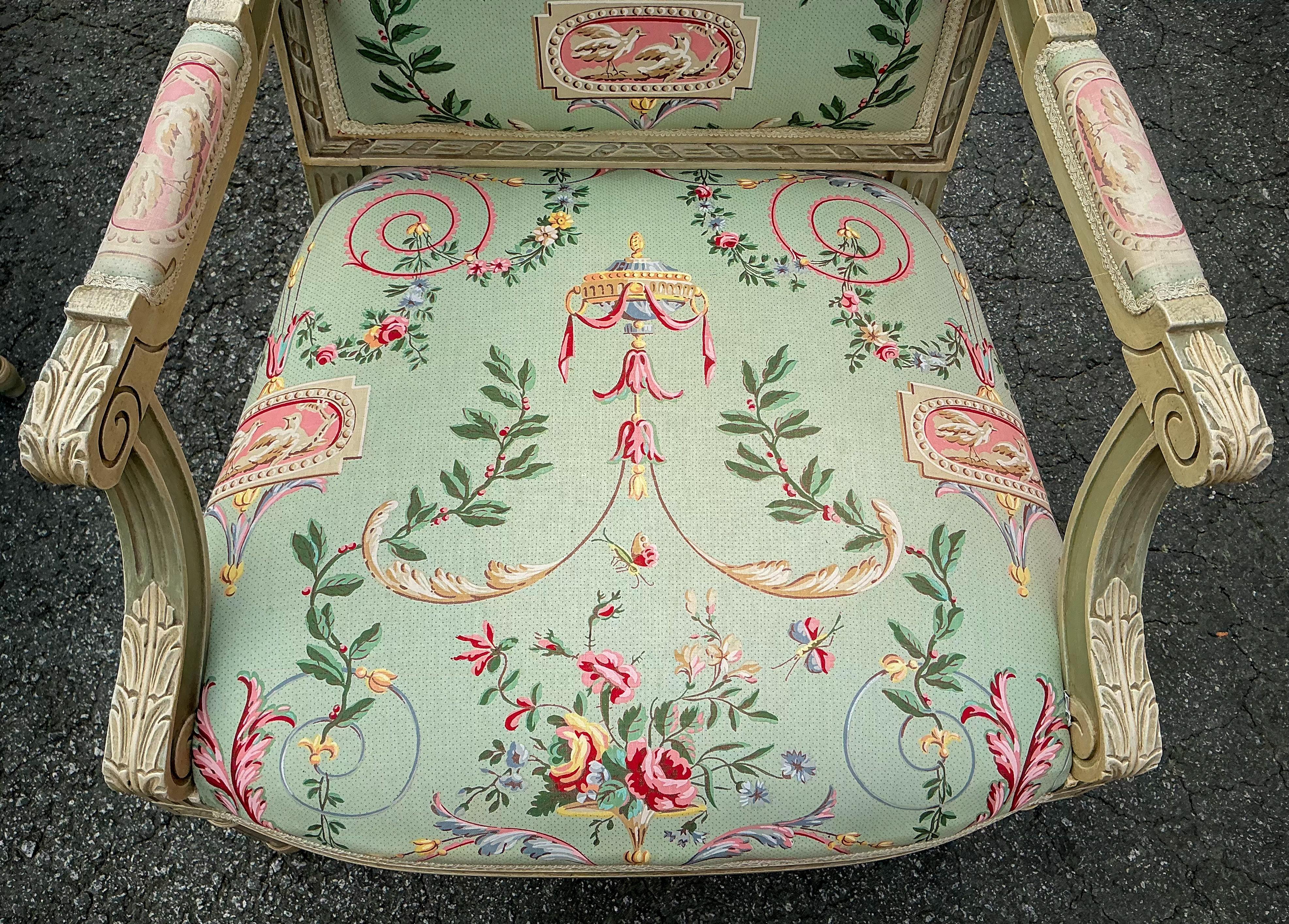 French Louis XVI Style Bergere Chairs Neo-Classsical Chintz Celadon Paint - Pair For Sale 5