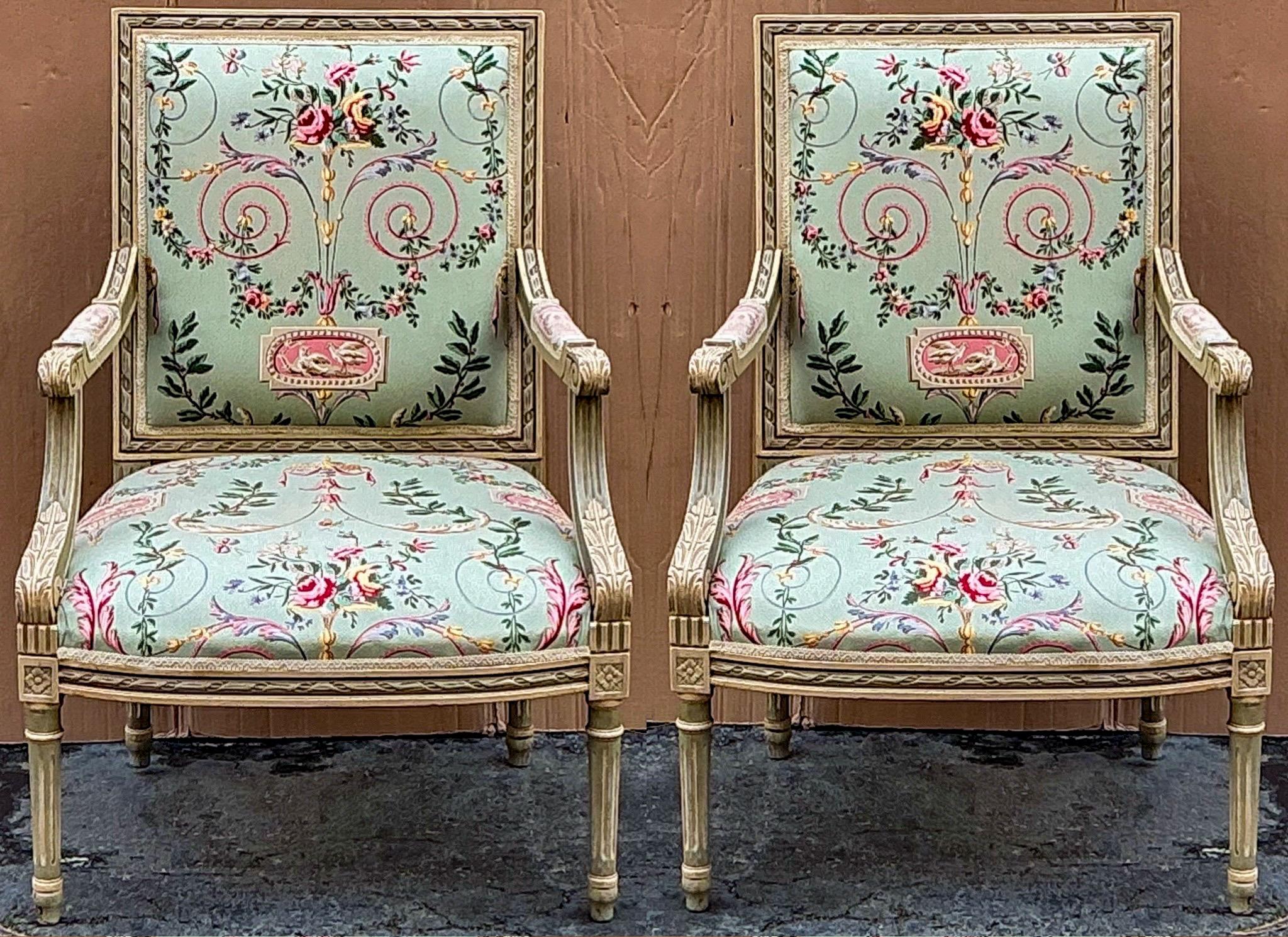 French Louis XVI Style Bergere Chairs Neo-Classsical Chintz Celadon Paint - Pair For Sale 6