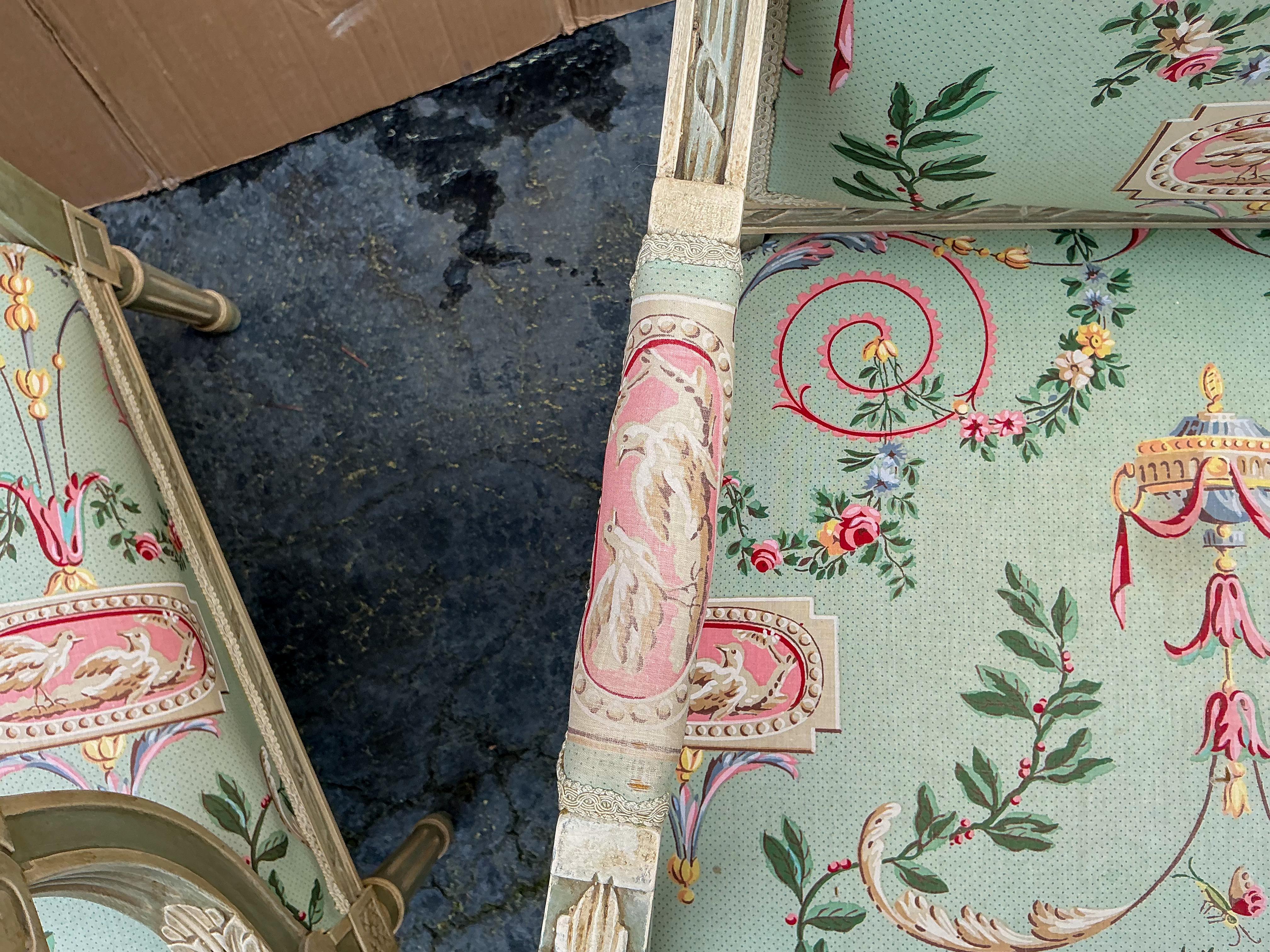 20th Century French Louis XVI Style Bergere Chairs Neo-Classsical Chintz Celadon Paint - Pair For Sale