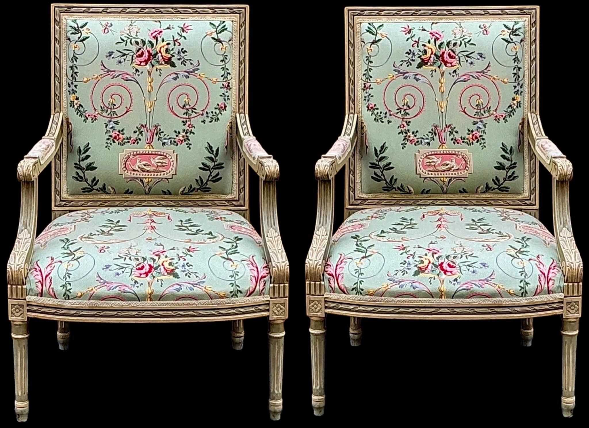 French Louis XVI Style Bergere Chairs Neo-Classsical Chintz Celadon Paint - Pair For Sale 2
