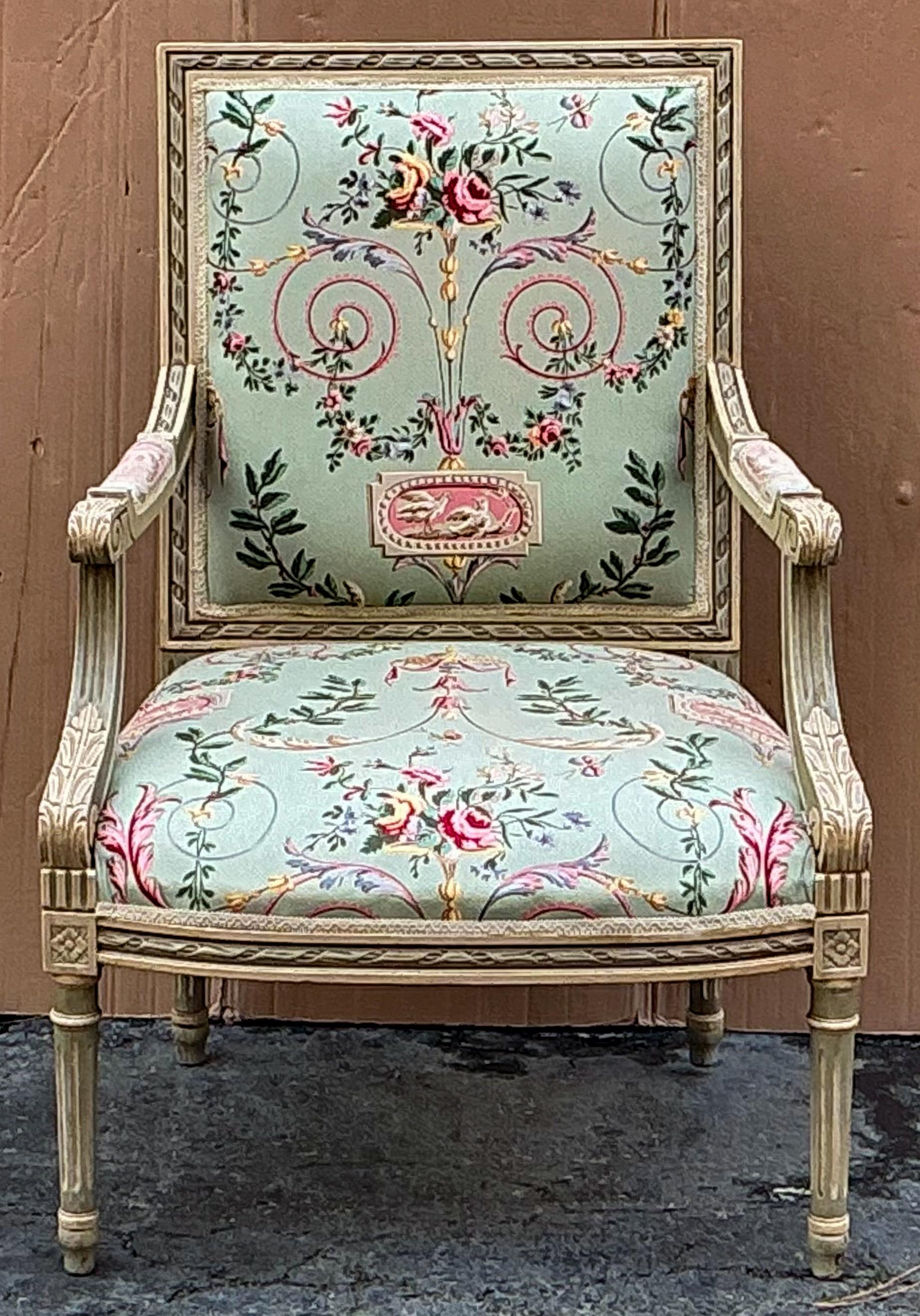 French Louis XVI Style Bergere Chairs Neo-Classsical Chintz Celadon Paint - Pair For Sale 3