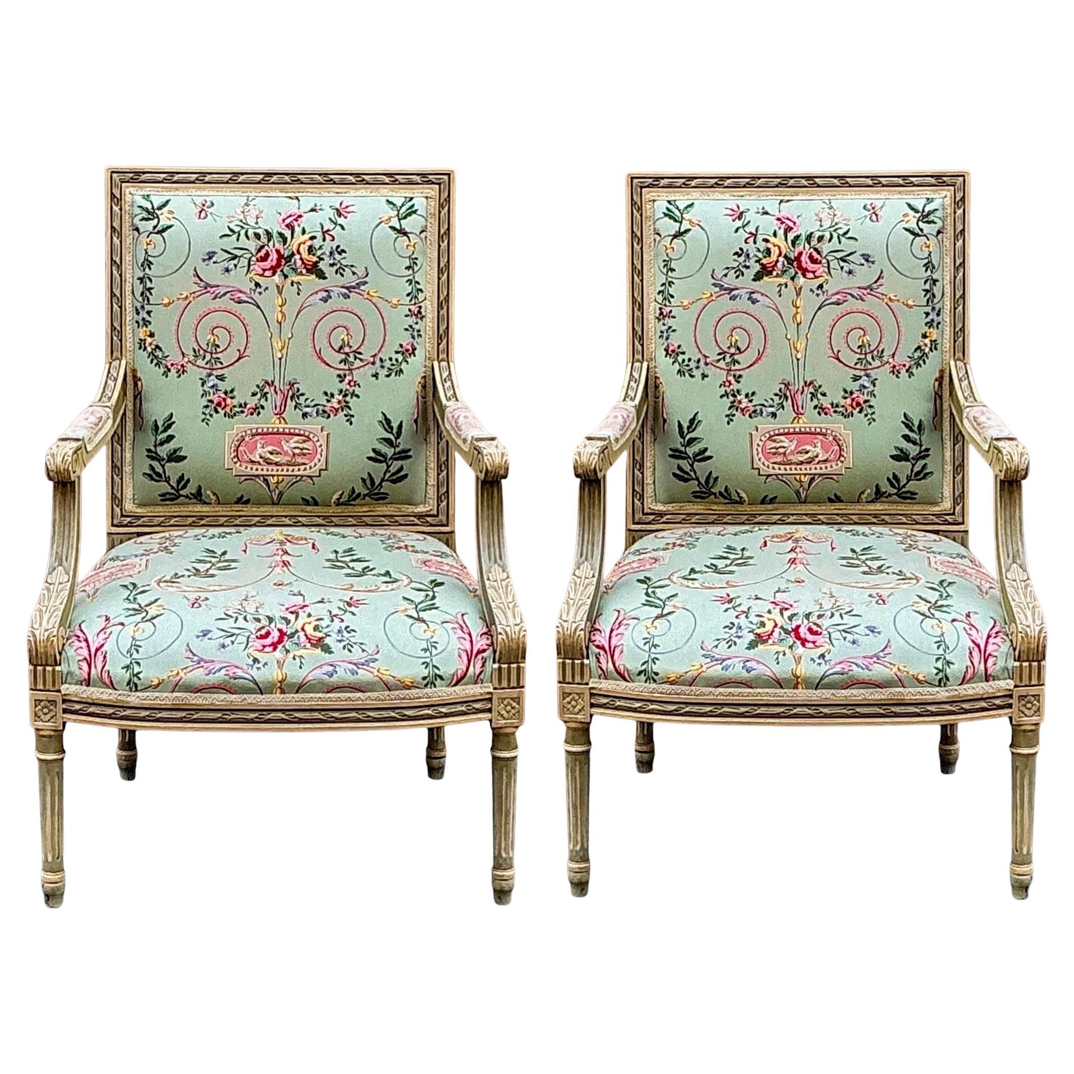 French Louis XVI Style Bergere Chairs Neo-Classsical Chintz Celadon Paint - Pair