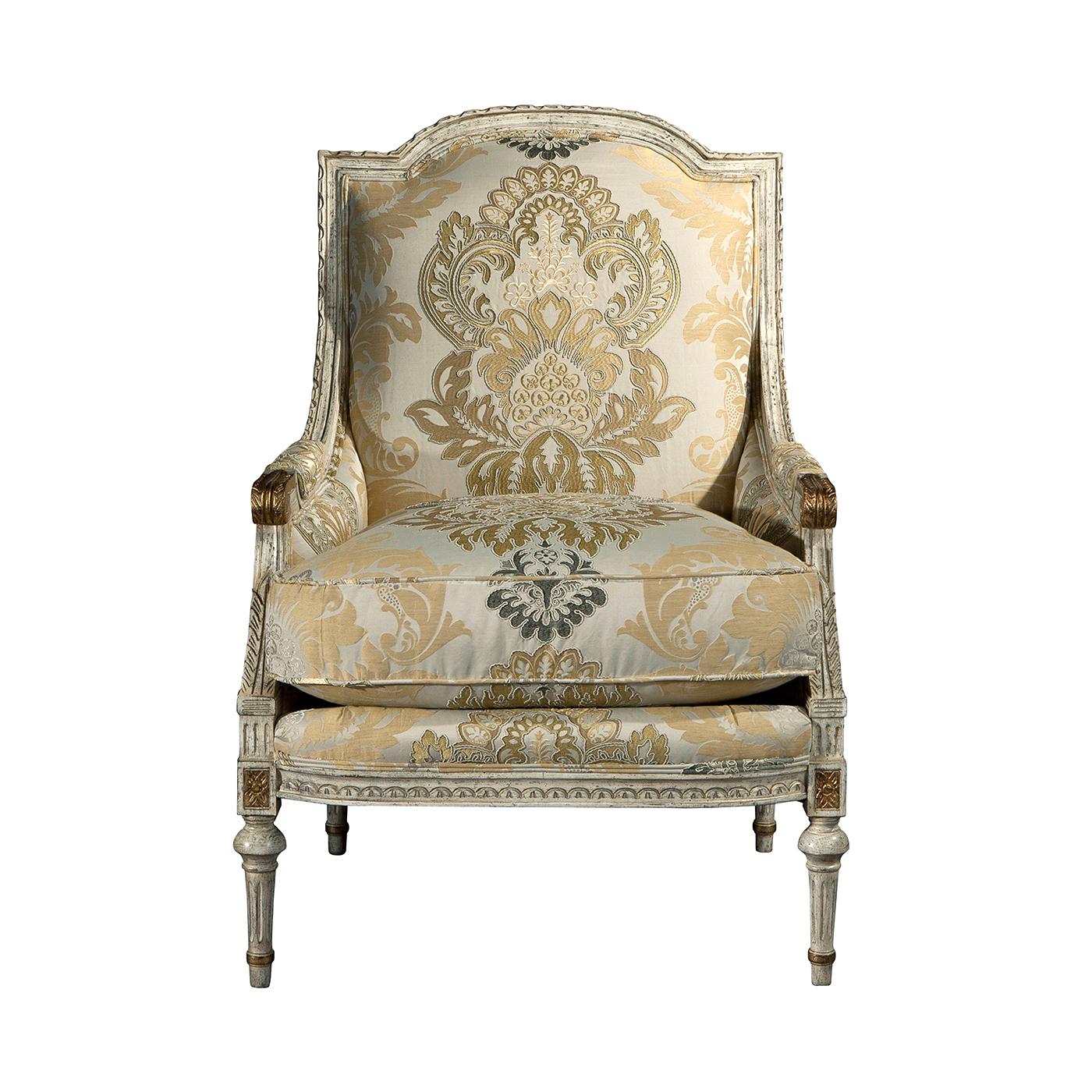 Inspired by an 18th-century original, this fauteuil features a finely carved frame with a paper twist arched top rail, gently downswept padded arms terminating in intricate scrolls, and a plush cushion seat embraced by a tightly upholstered