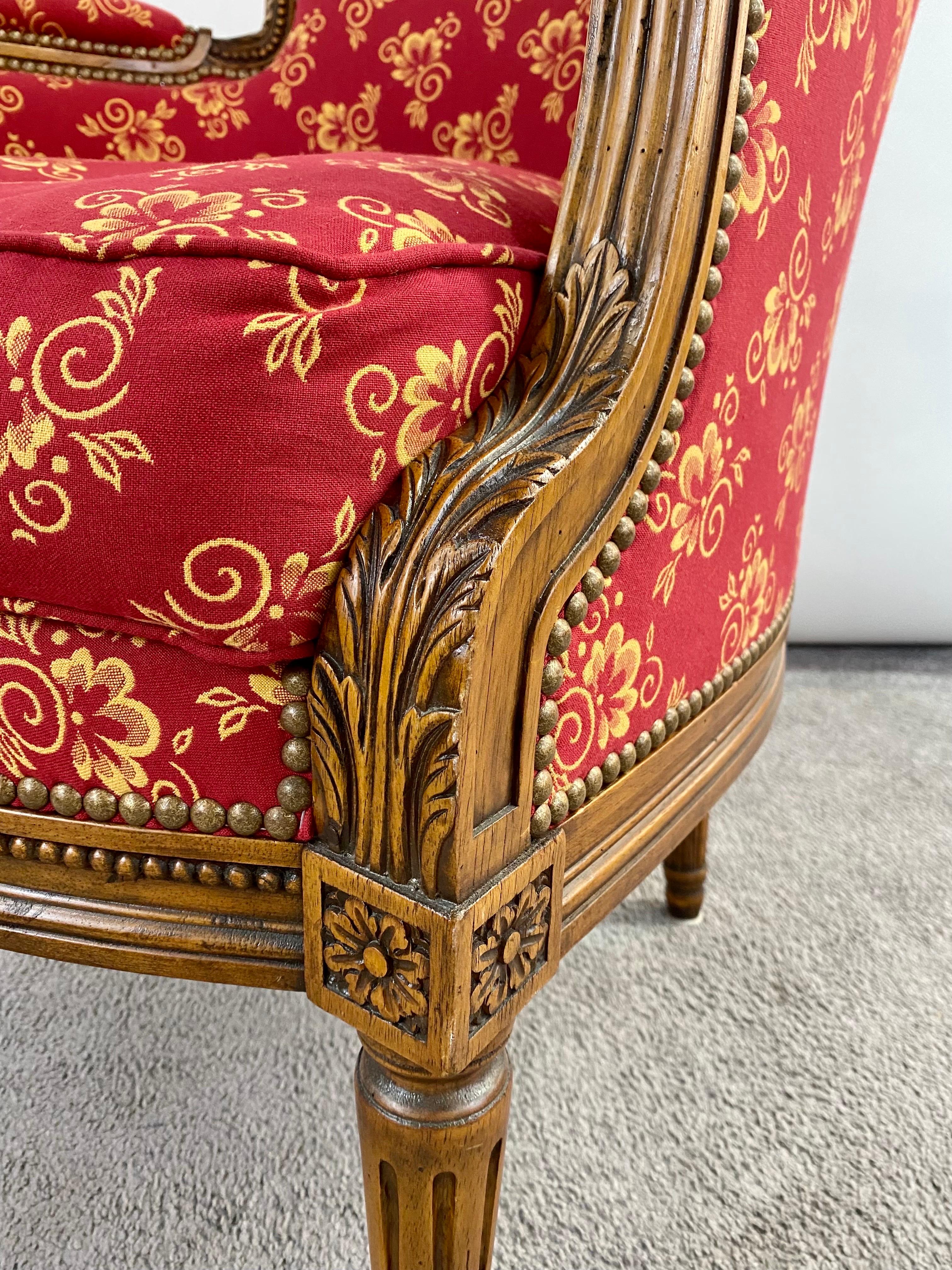 French Louis XVI Style Bergere Walnut Armchair in Red Upholstery, a Pair  6