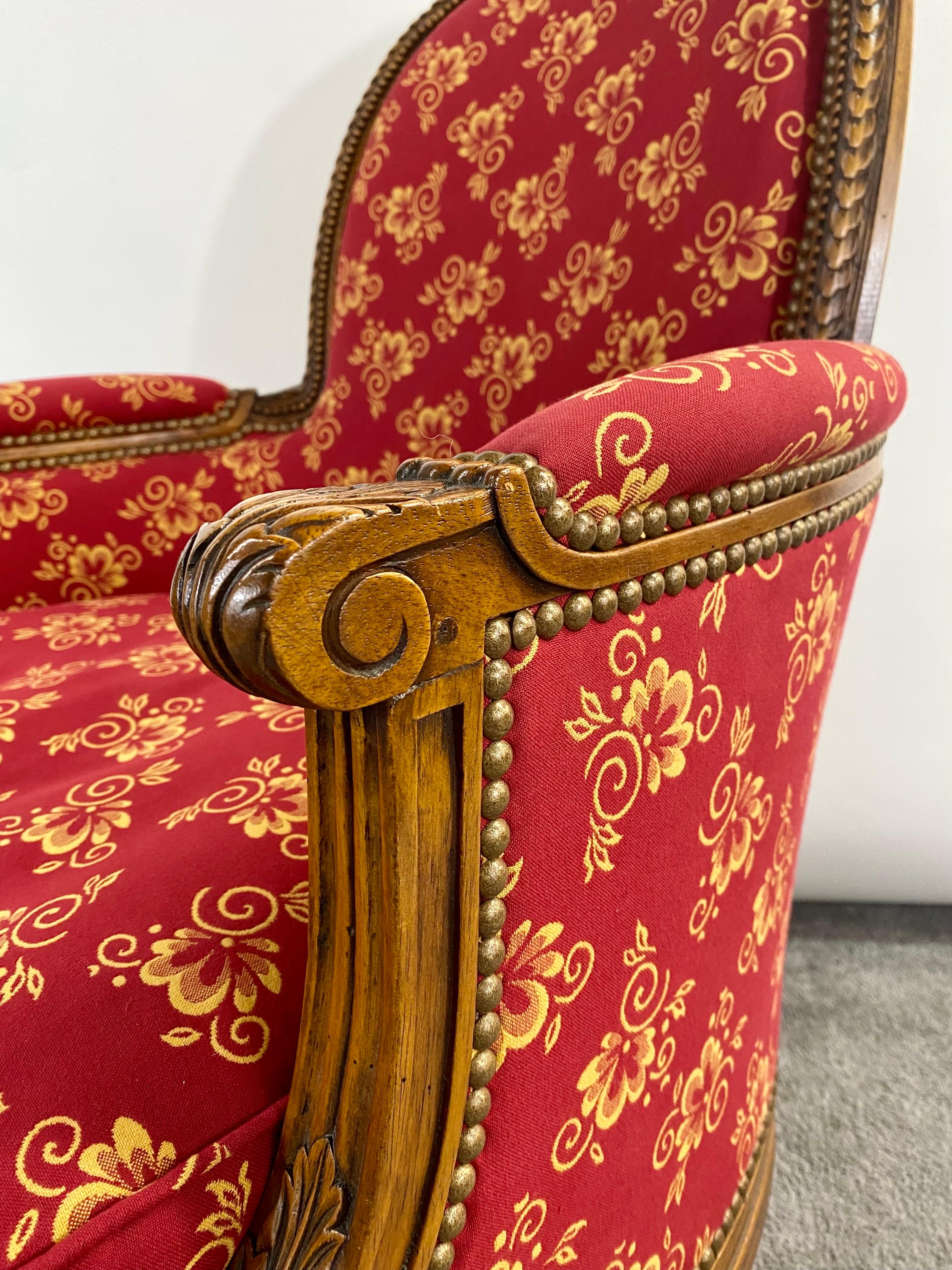 French Louis XVI Style Bergere Walnut Armchair in Red Upholstery, a Pair  7