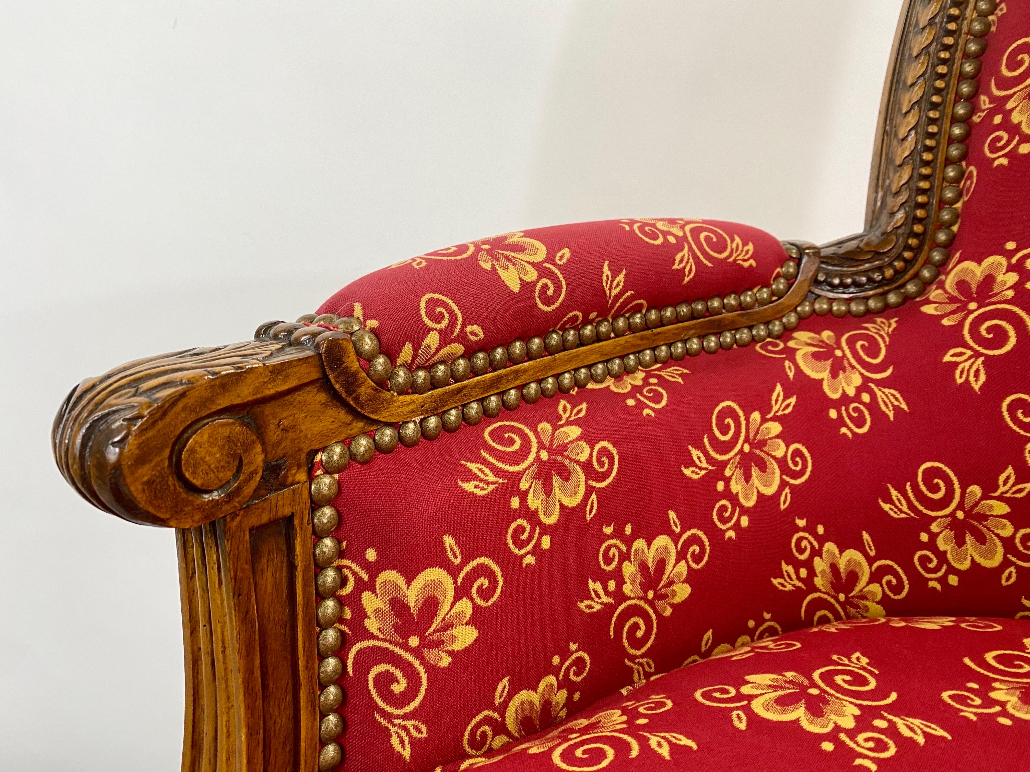 French Louis XVI Style Bergere Walnut Armchair in Red Upholstery, a Pair  9