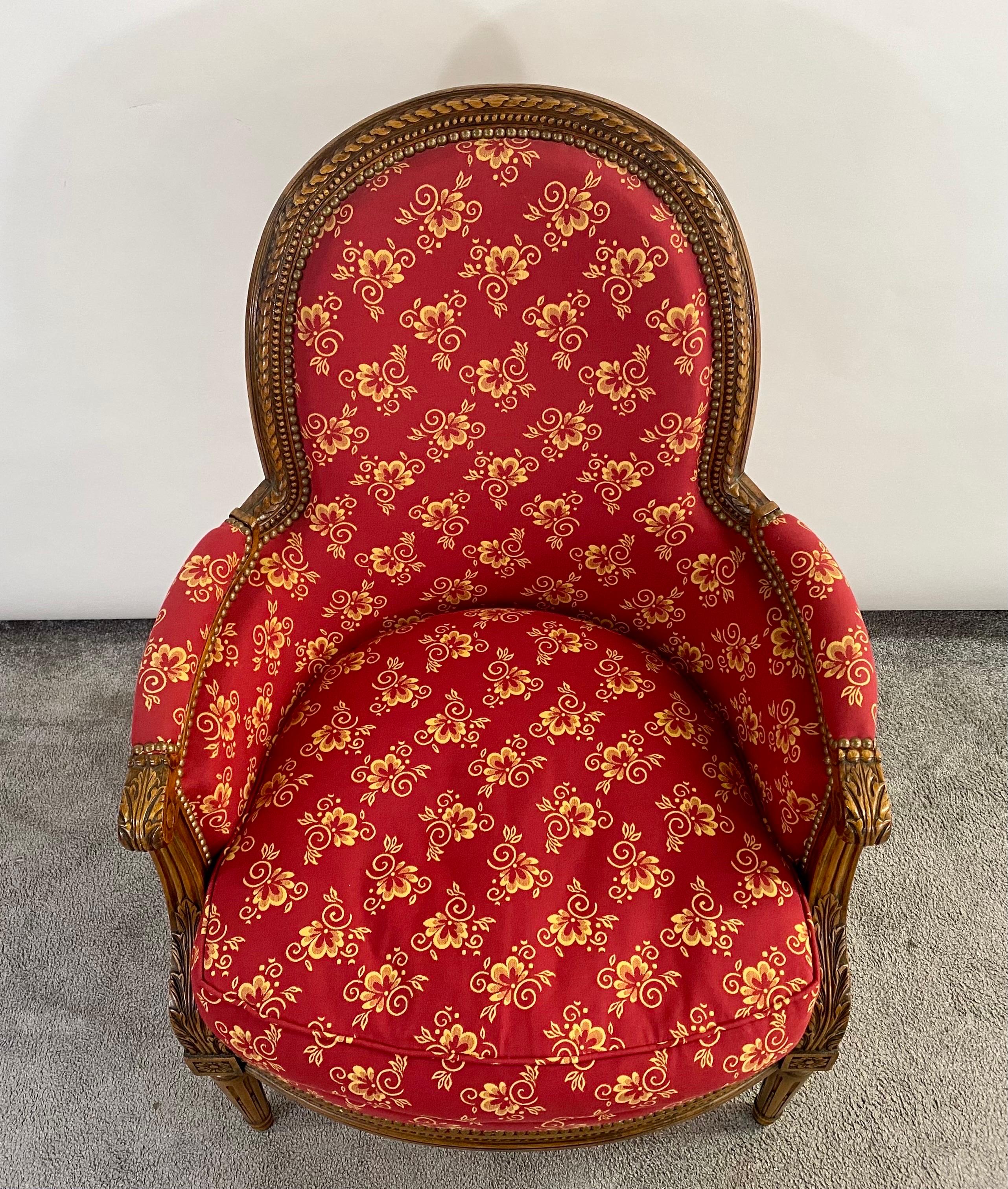 French Louis XVI Style Bergere Walnut Armchair in Red Upholstery, a Pair  11