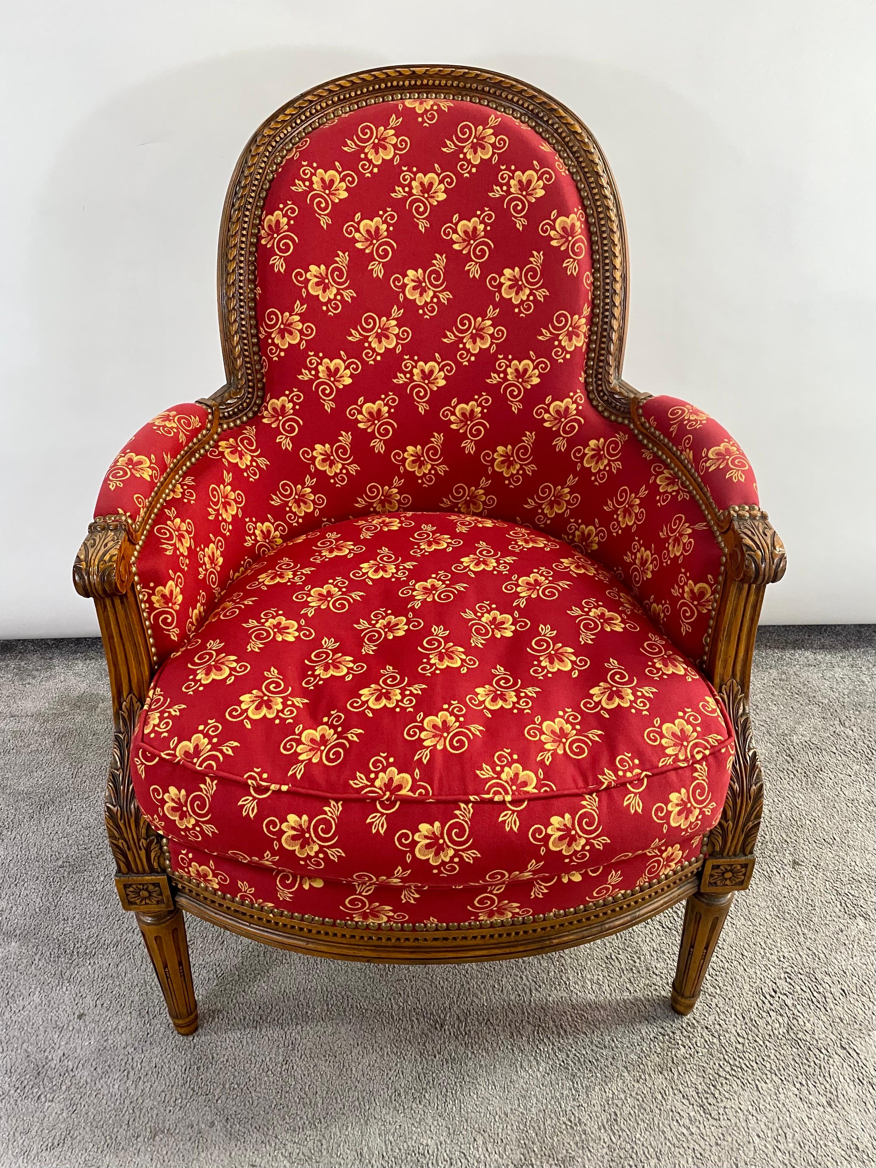 French Louis XVI Style Bergere Walnut Armchair in Red Upholstery, a Pair  12