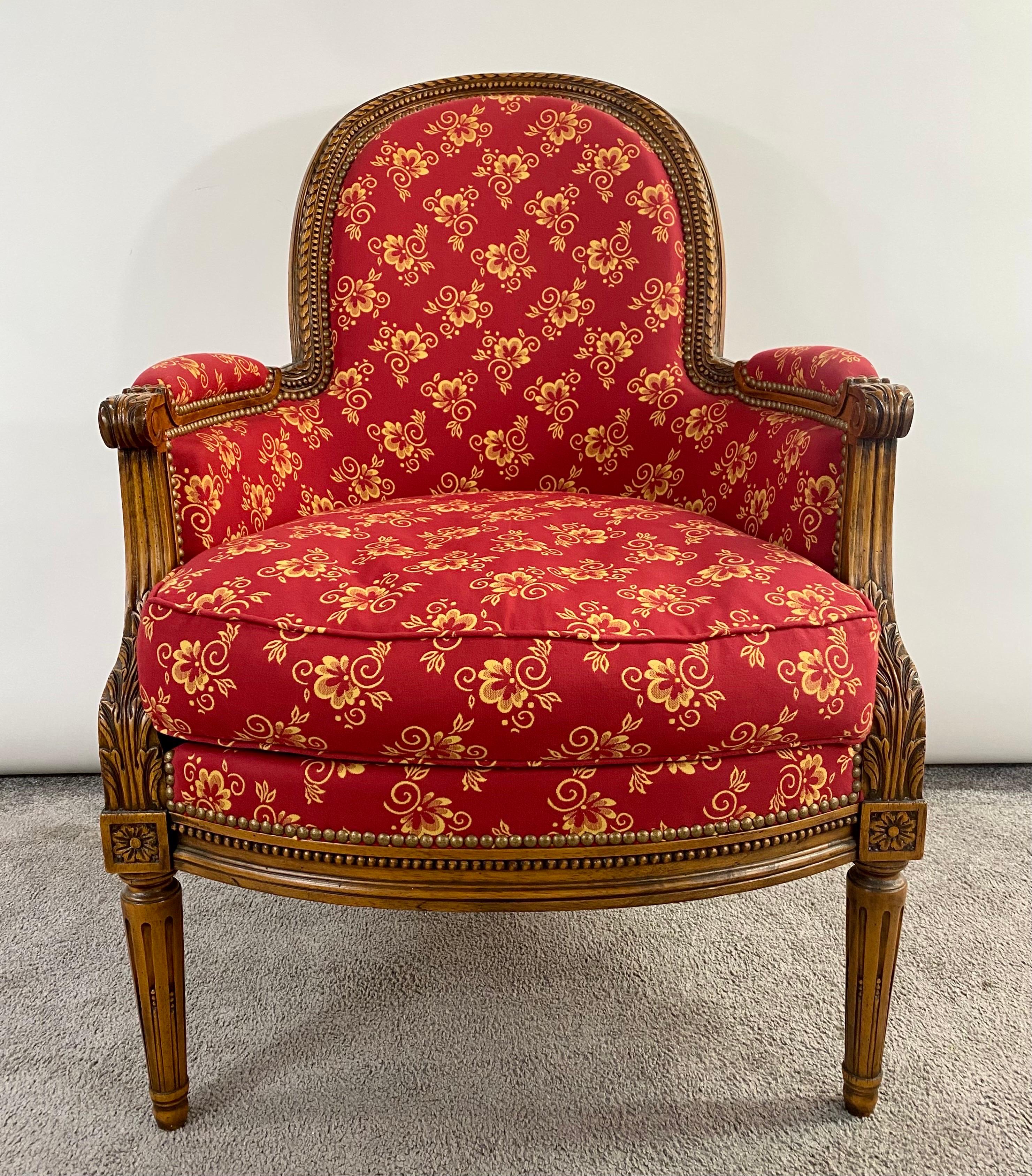Louis XIV French Louis XVI Style Bergere Walnut Armchair in Red Upholstery, a Pair 