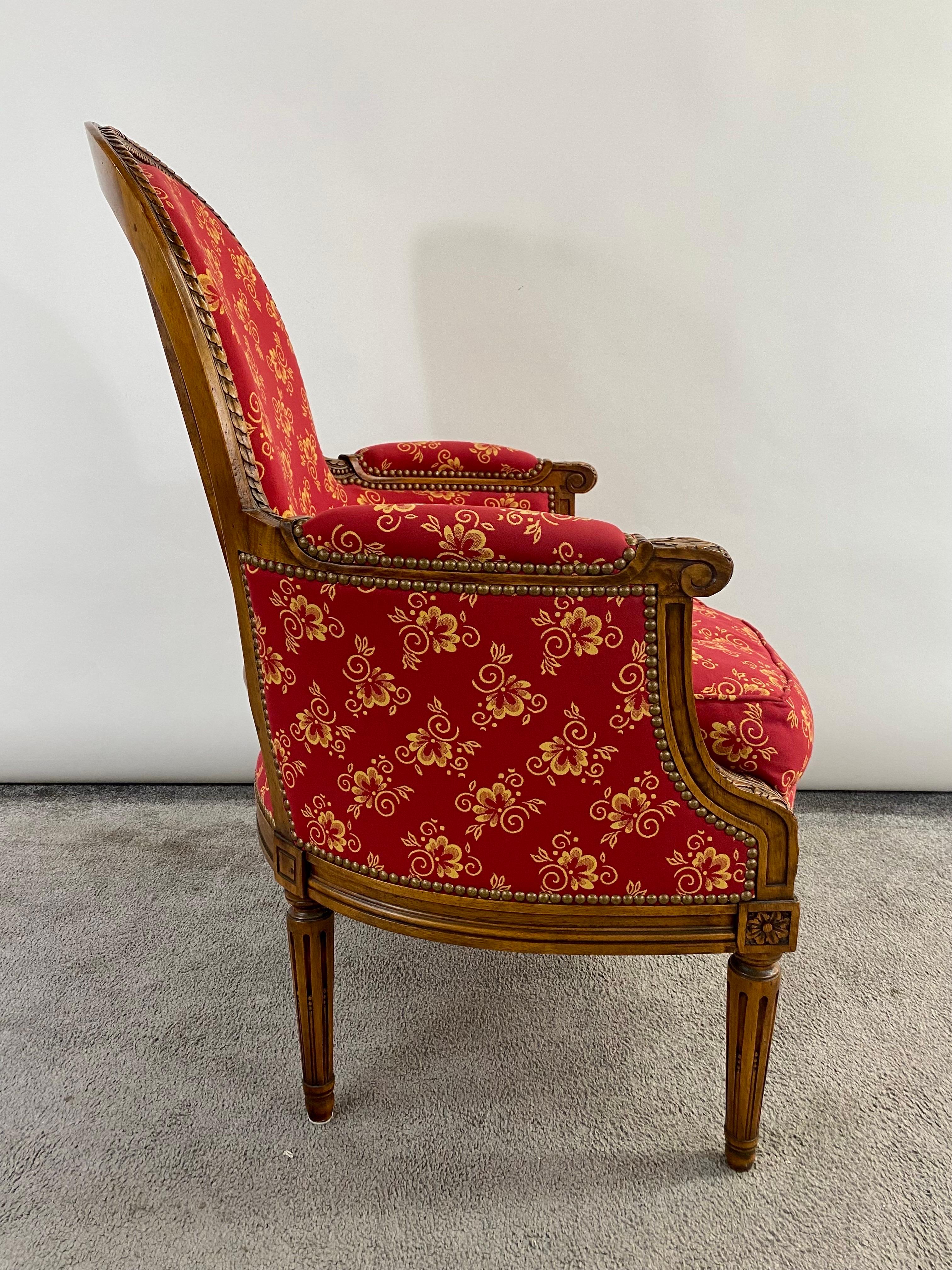 French Louis XVI Style Bergere Walnut Armchair in Red Upholstery, a Pair  In Good Condition In Plainview, NY