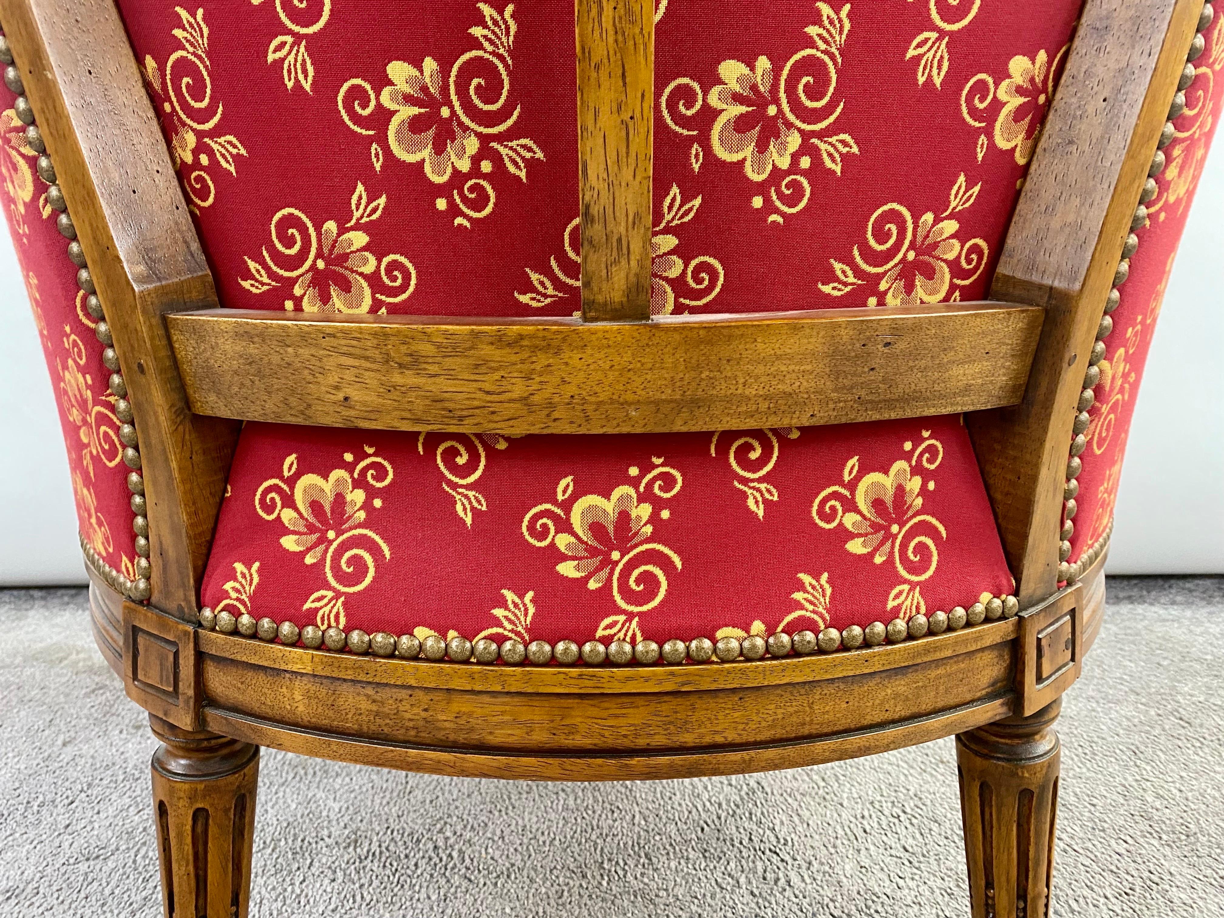 20th Century French Louis XVI Style Bergere Walnut Armchair in Red Upholstery, a Pair 