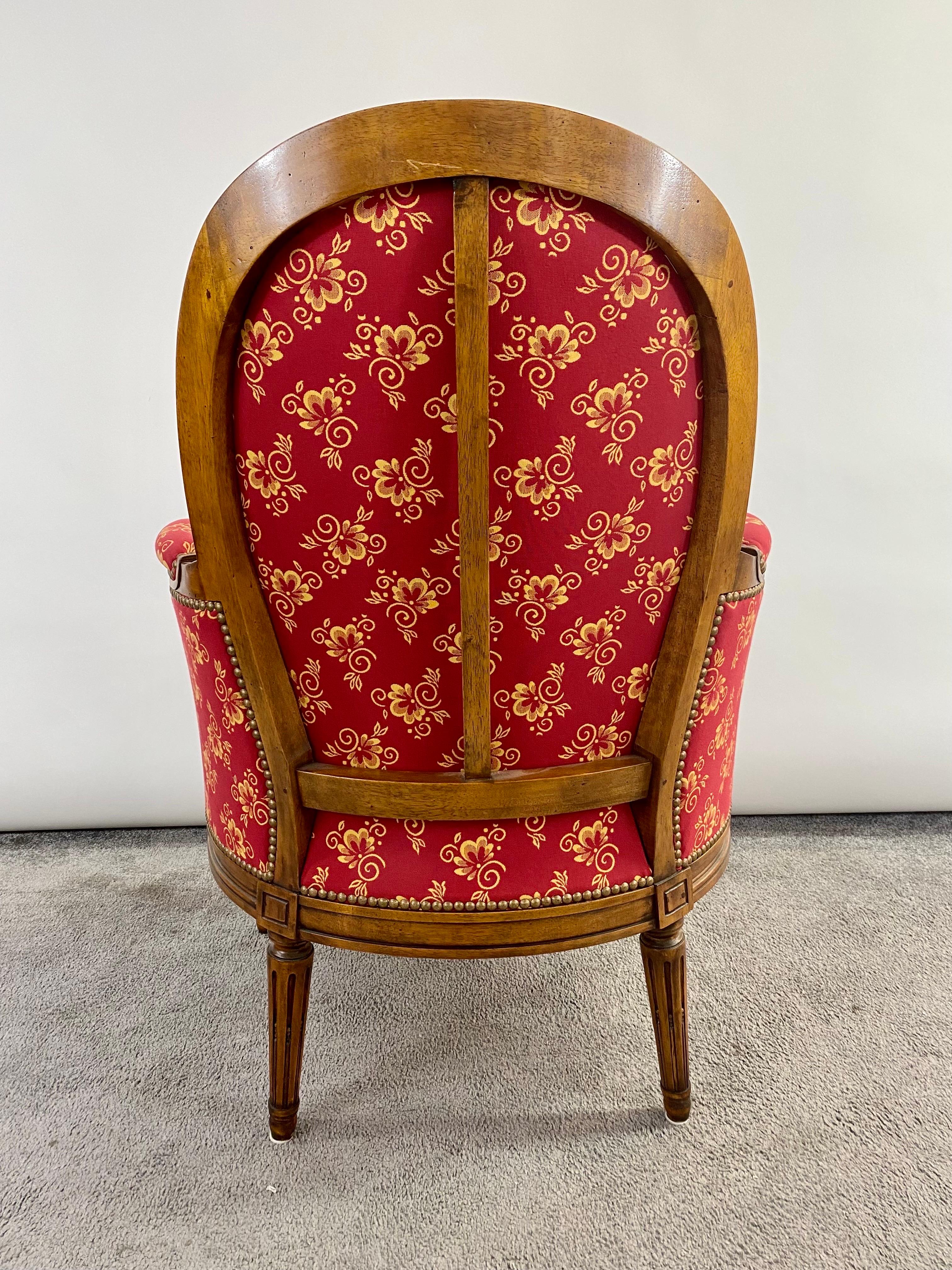 French Louis XVI Style Bergere Walnut Armchair in Red Upholstery, a Pair  1