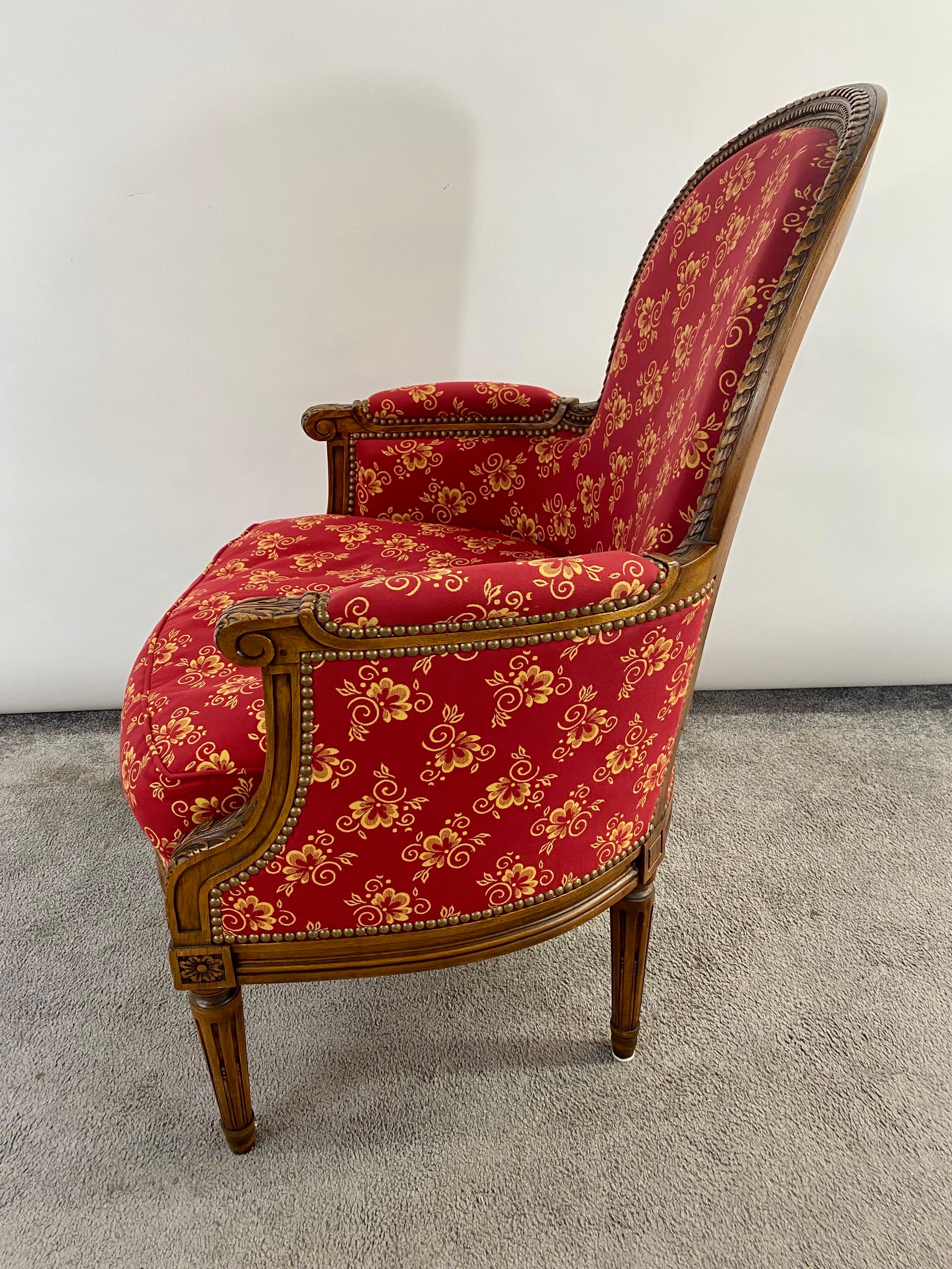French Louis XVI Style Bergere Walnut Armchair in Red Upholstery, a Pair  2