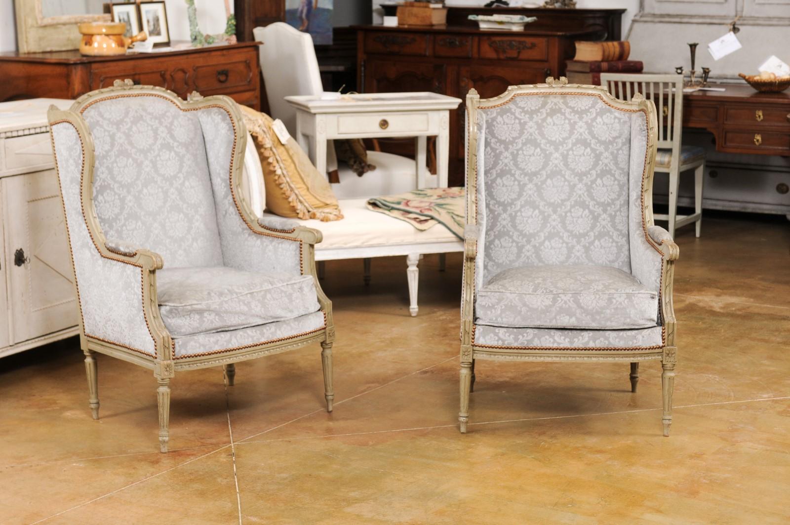 French Louis XVI Style Bergères À Oreilles with Carved Motifs and Upholstery For Sale 7