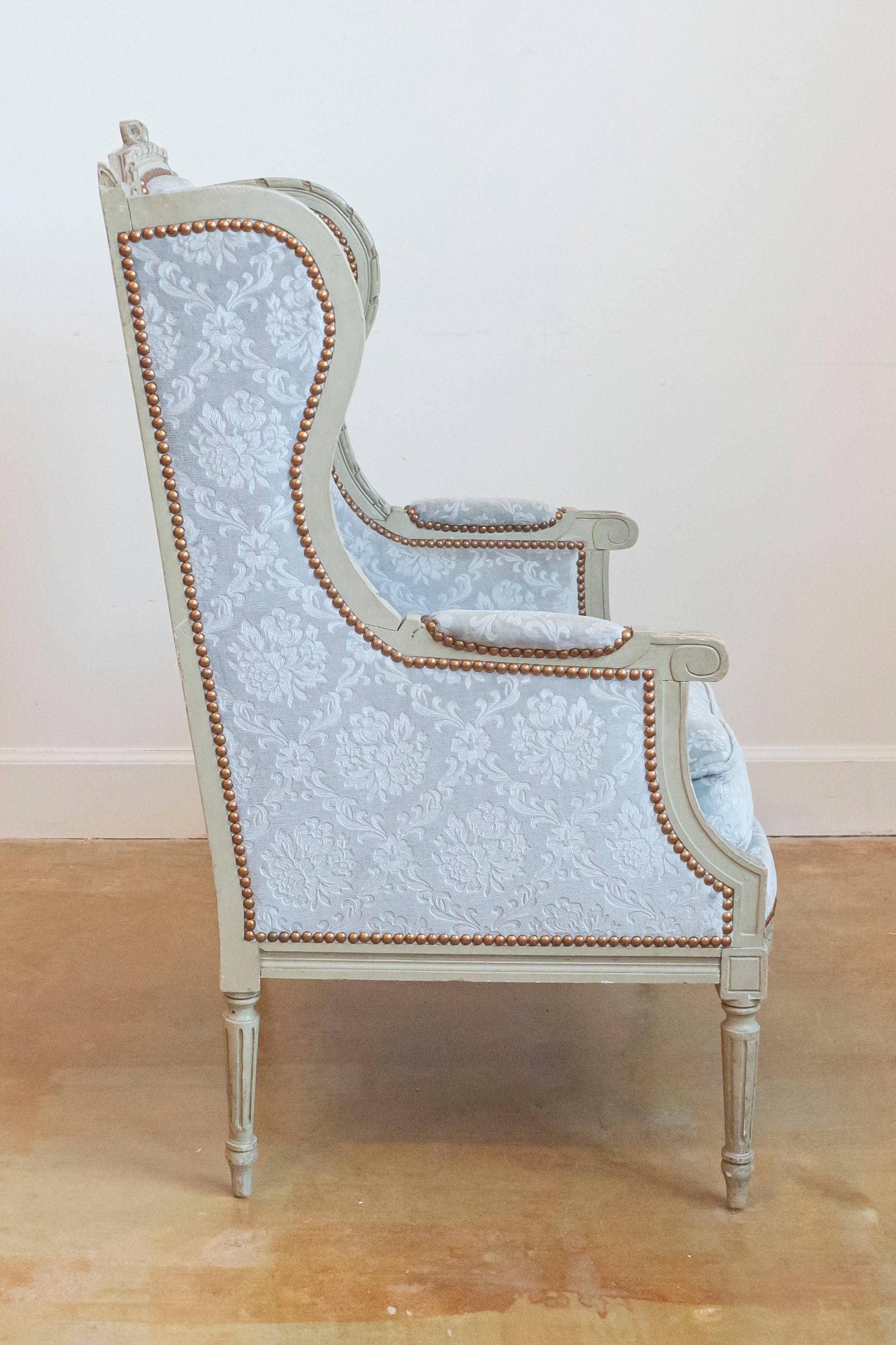 French Louis XVI Style Bergères À Oreilles with Carved Motifs and Upholstery For Sale 1