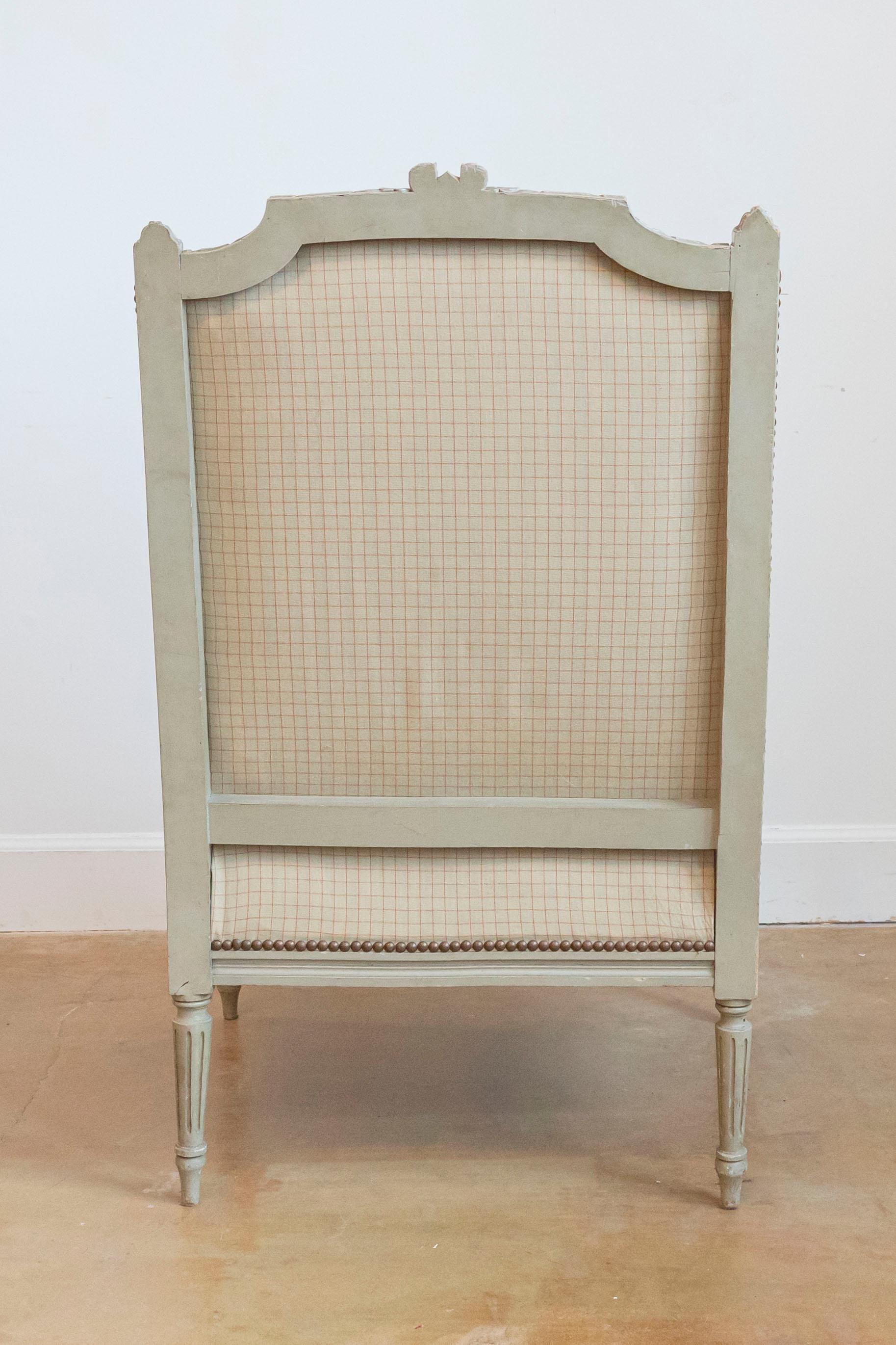 French Louis XVI Style Bergères À Oreilles with Carved Motifs and Upholstery For Sale 2