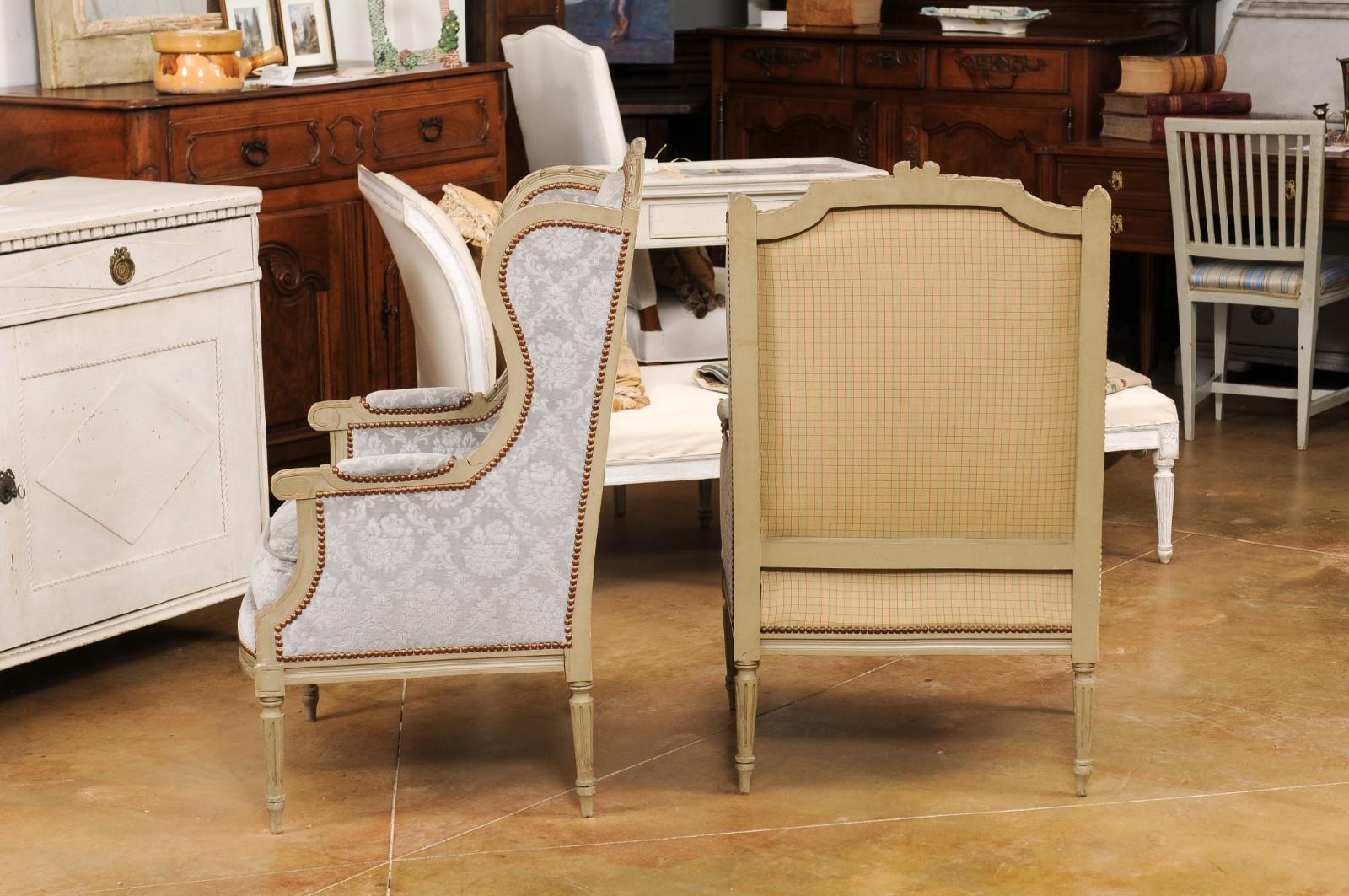 French Louis XVI Style Bergères À Oreilles with Carved Motifs and Upholstery For Sale 3