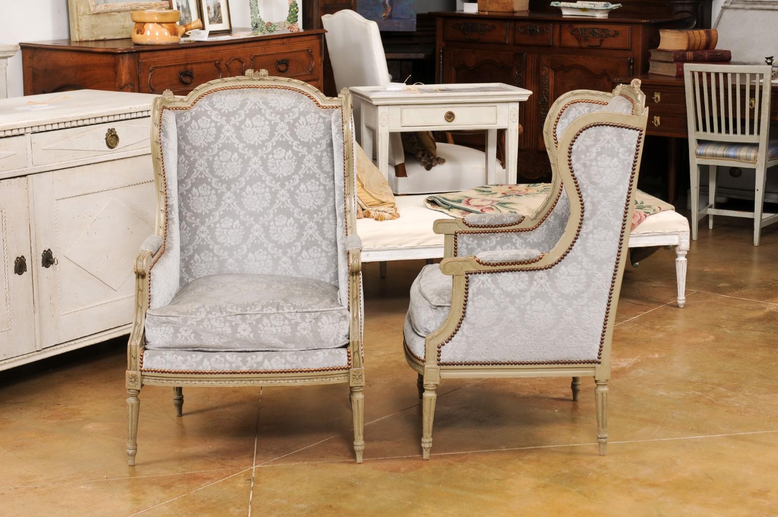 French Louis XVI Style Bergères À Oreilles with Carved Motifs and Upholstery For Sale 5