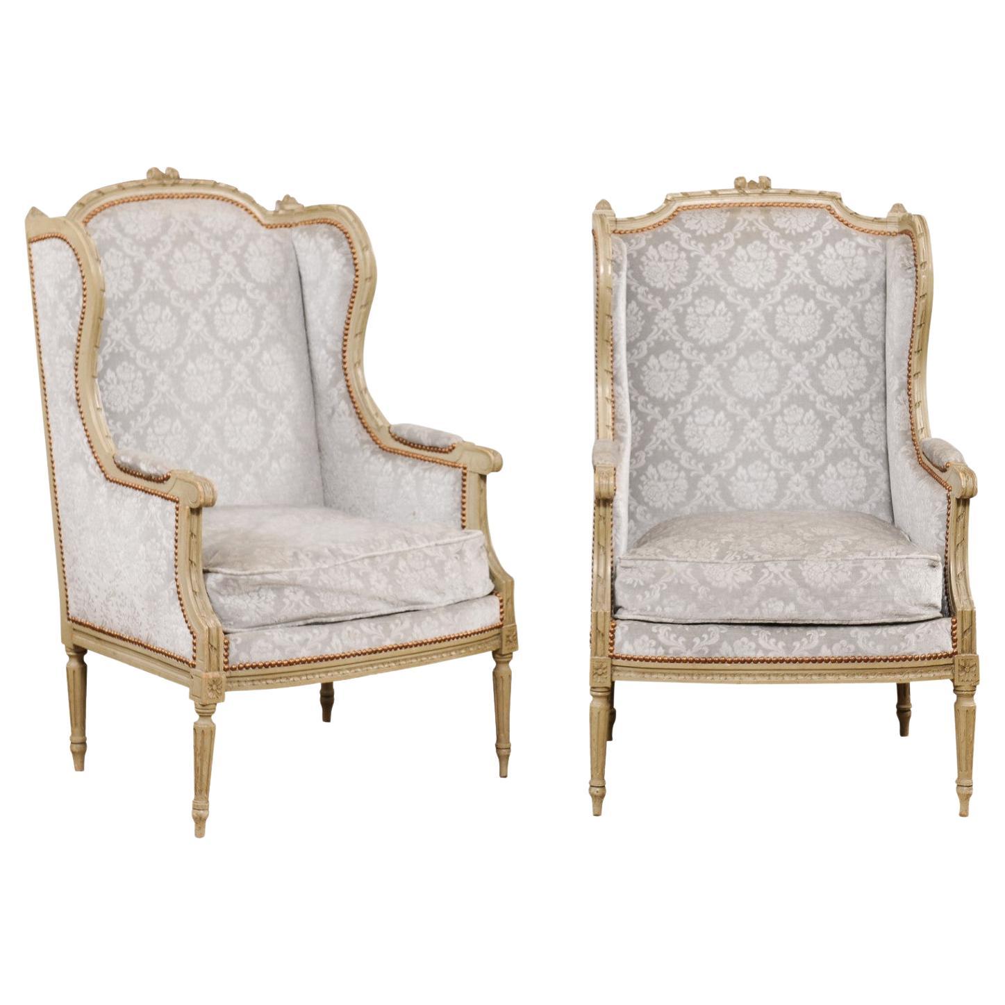 French Louis XVI Style Bergères À Oreilles with Carved Motifs and Upholstery For Sale