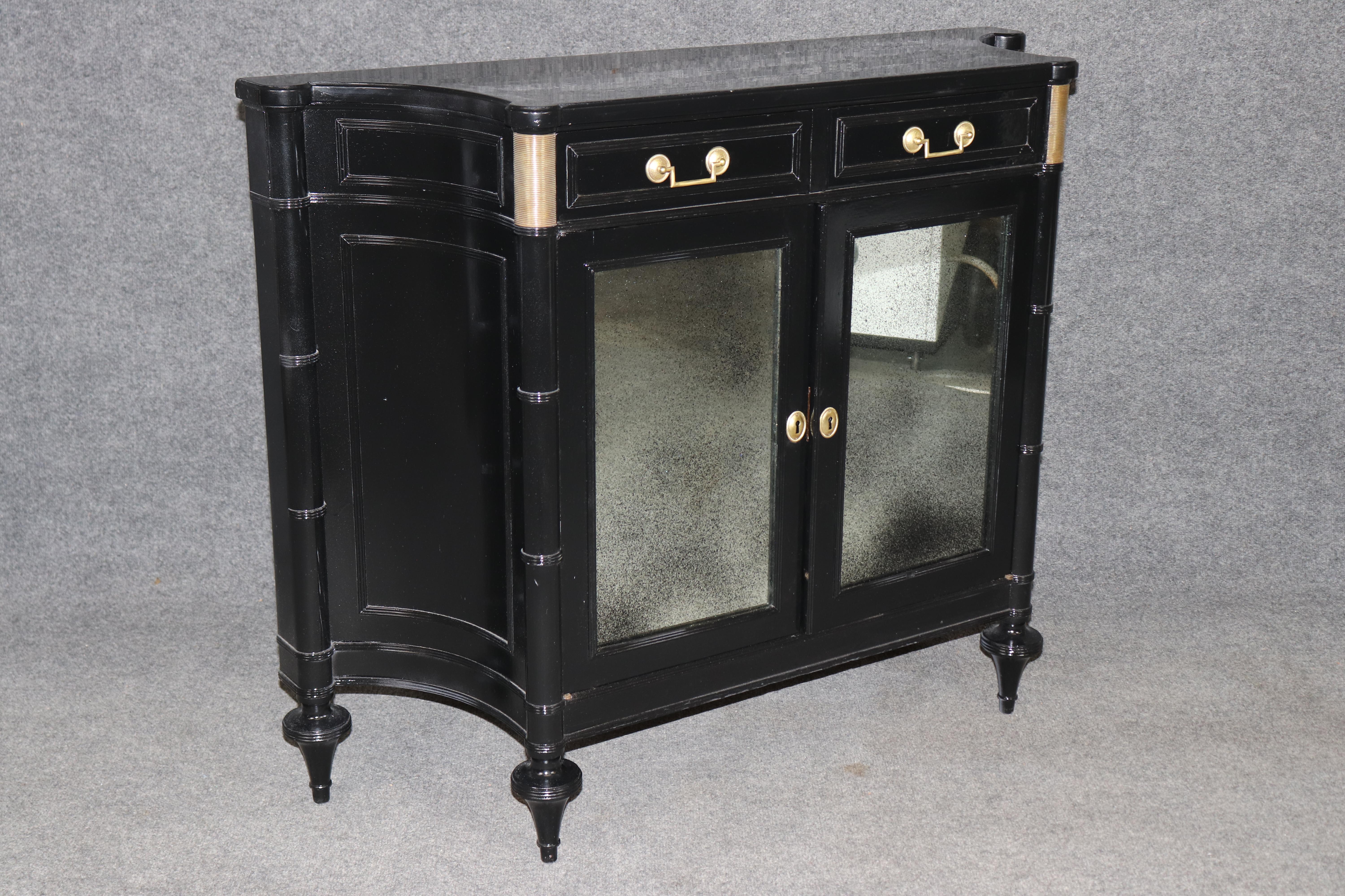 Hand-Carved French Louis XVI Style Black Ebonized Cabinet with Distressed Mirrored Panels For Sale