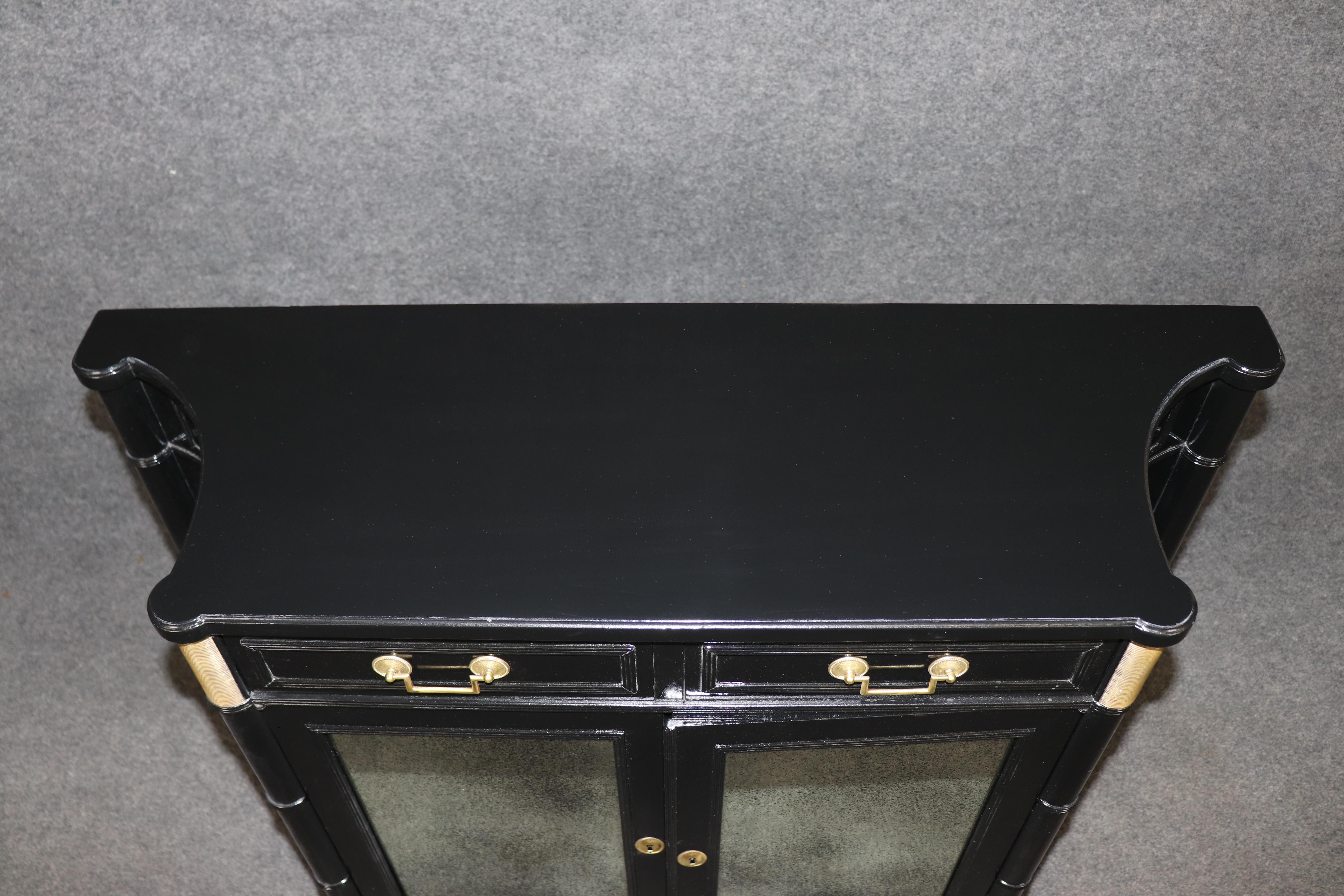 Brass French Louis XVI Style Black Ebonized Cabinet with Distressed Mirrored Panels For Sale