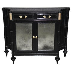 French Louis XVI Style Black Ebonized Cabinet with Distressed Mirrored Panels