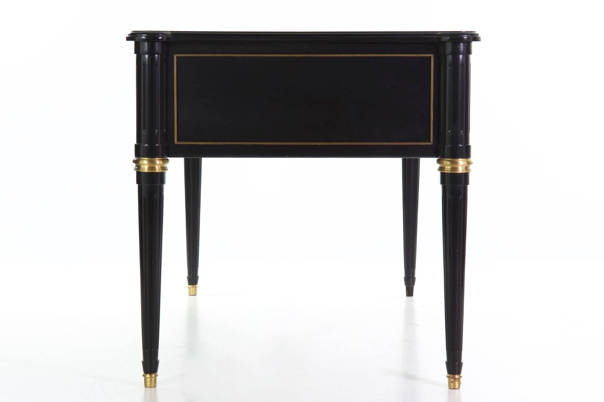 Brass French Louis XVI Style Black Lacquer Ebonized Writing Desk Table, 20th Century
