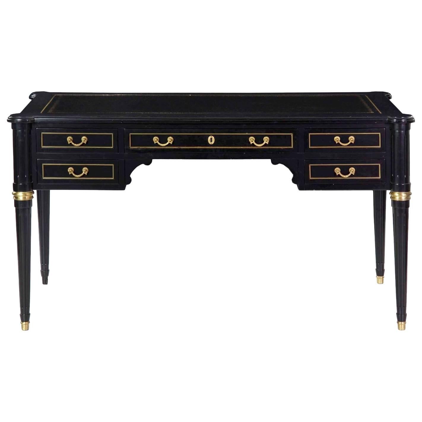 French Louis XVI Style Black Lacquer Ebonized Writing Desk Table, 20th Century