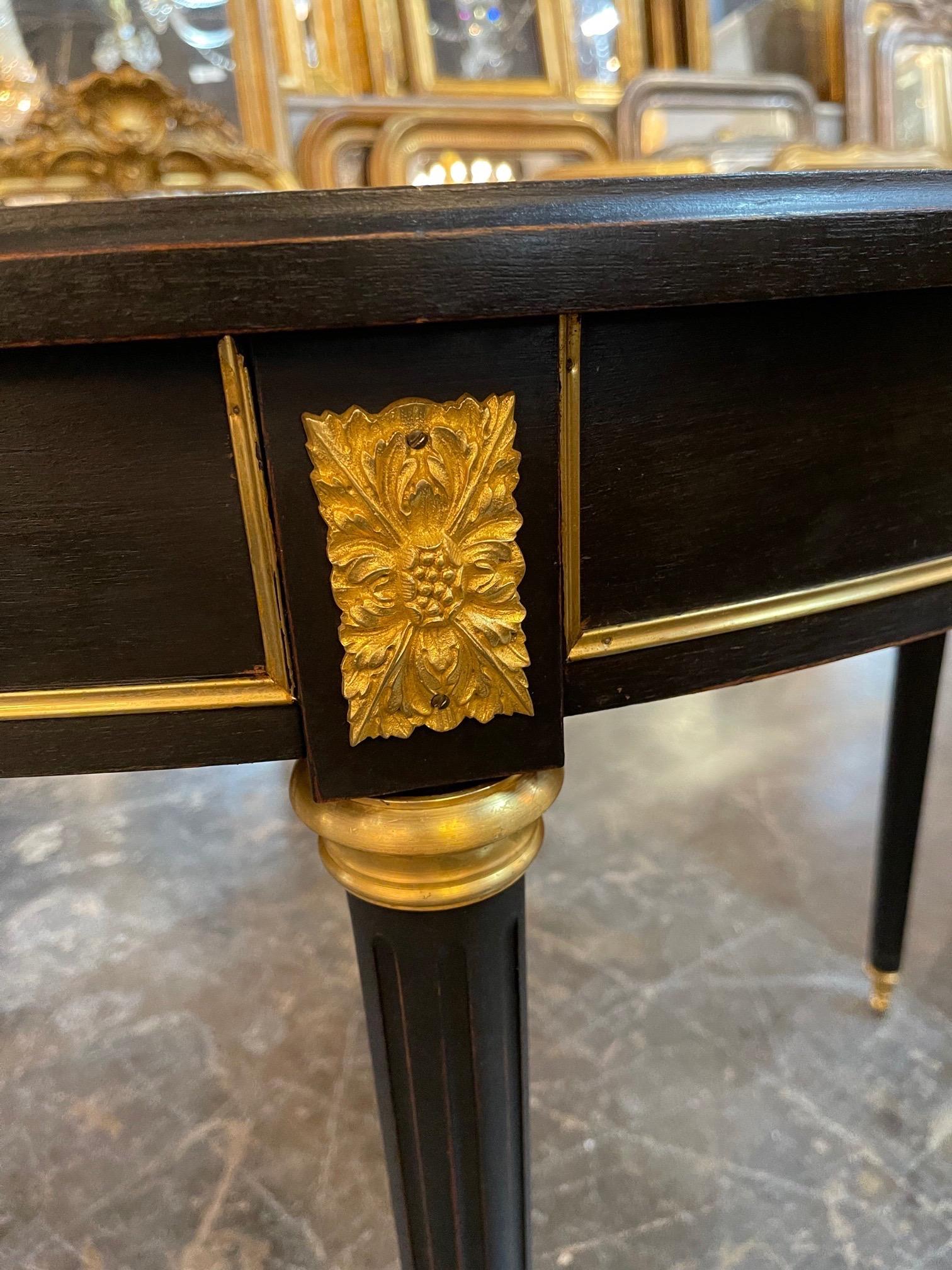 20th Century French Louis XVI Style Black Lacquered and Brass Trim Breakfast Table