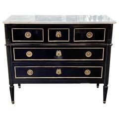 French Louis XVI Style Black Lacquered and Brass Trim Chest
