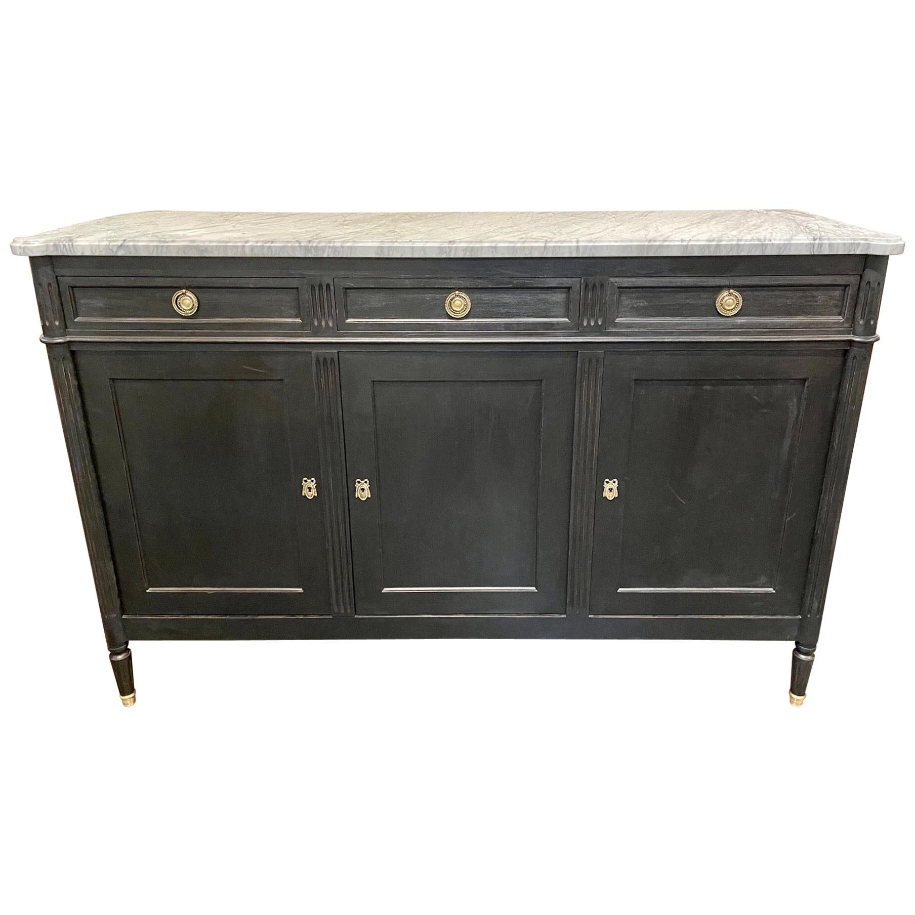 French Louis XVI Style Black Lacquered Buffet with Marble Top