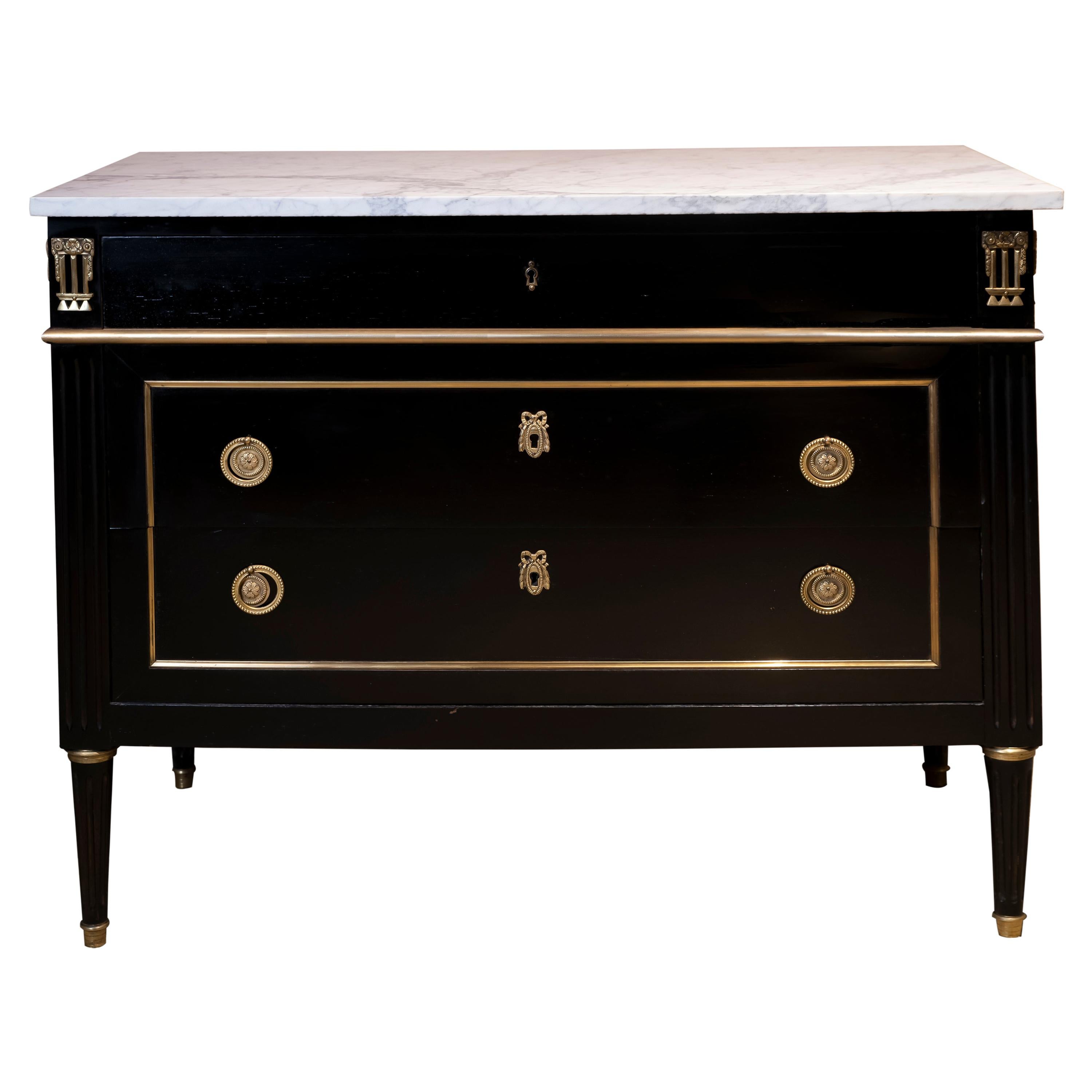 French Louis XVI Style Black Lacquered Chest of Drawers Commode