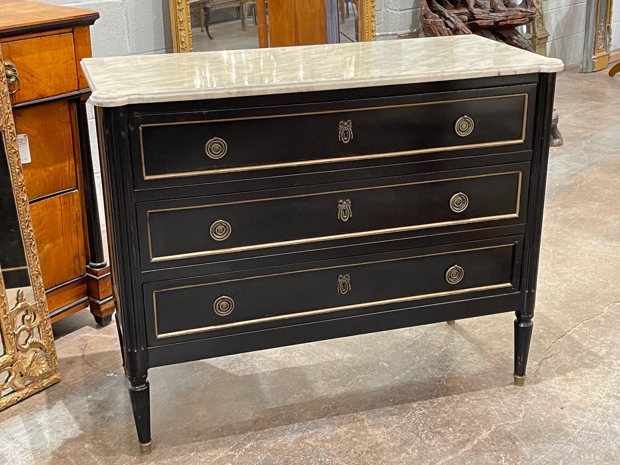 French Louis XVI Style Black Lacquered Chest with Marble Top In Good Condition In Dallas, TX