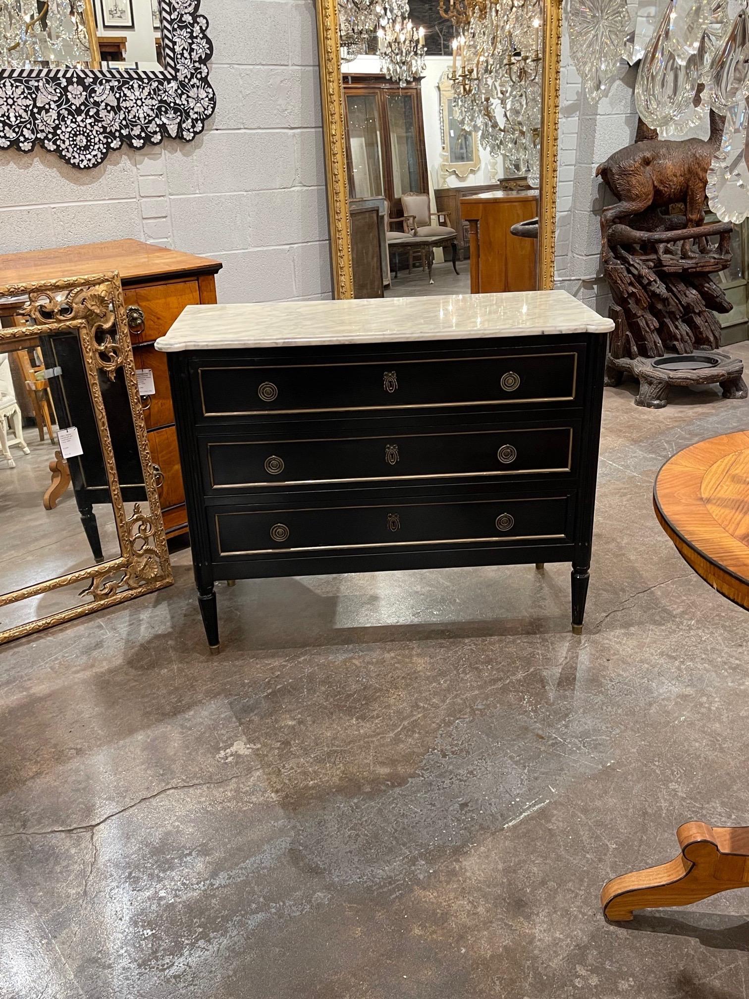 20th Century French Louis XVI Style Black Lacquered Chest with Marble Top