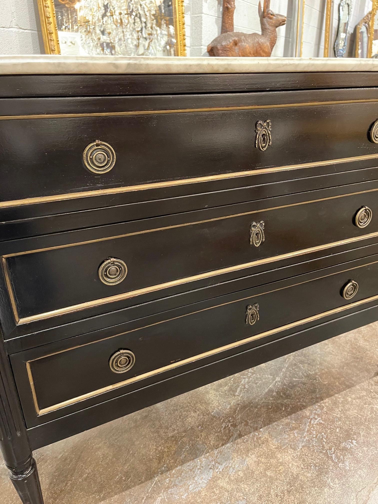 French Louis XVI Style Black Lacquered Chest with Marble Top 2