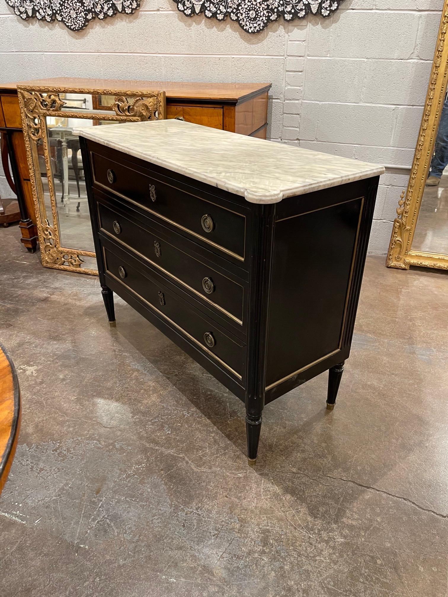 French Louis XVI Style Black Lacquered Chest with Marble Top 5