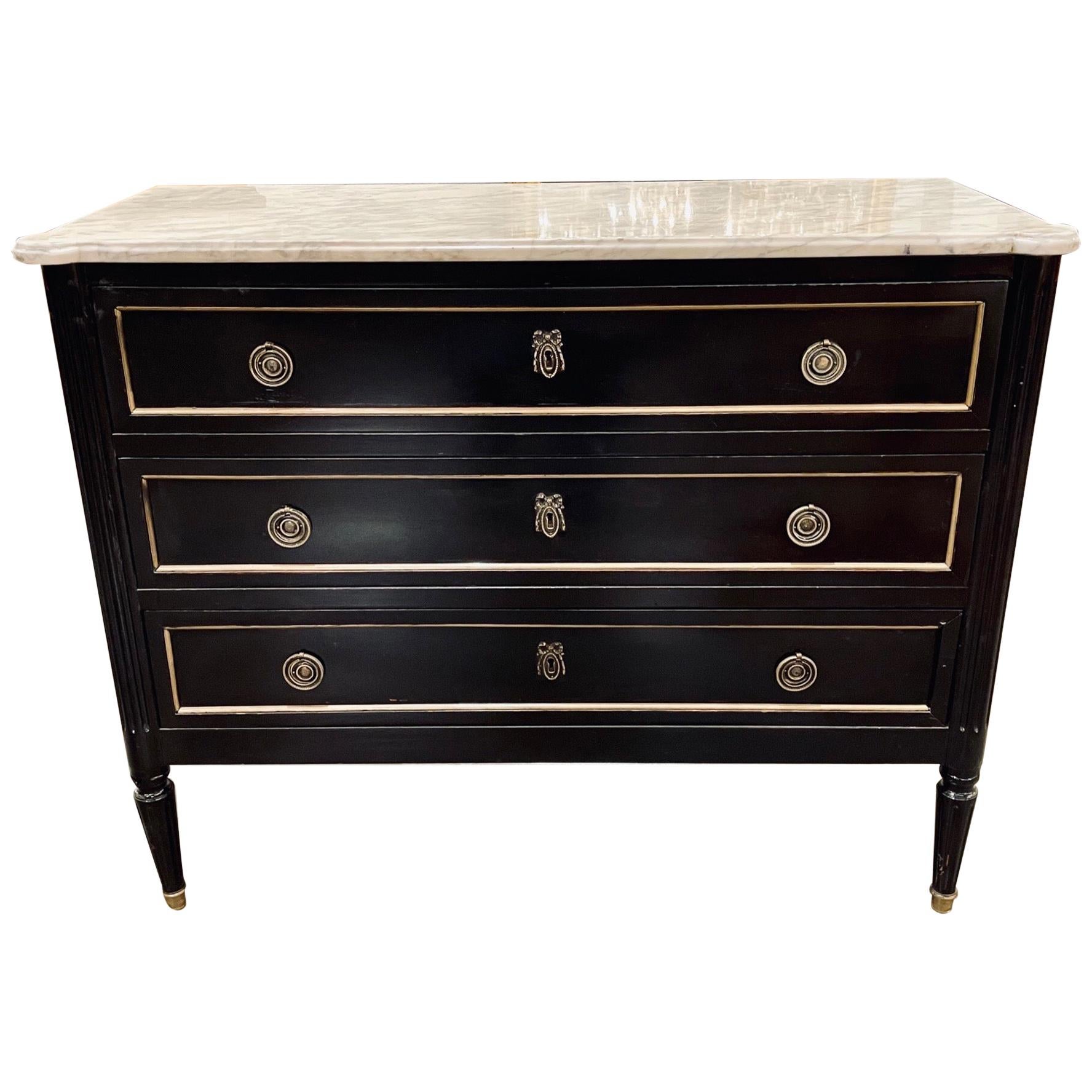 French Louis XVI Style Black Lacquered Chest with Marble Top