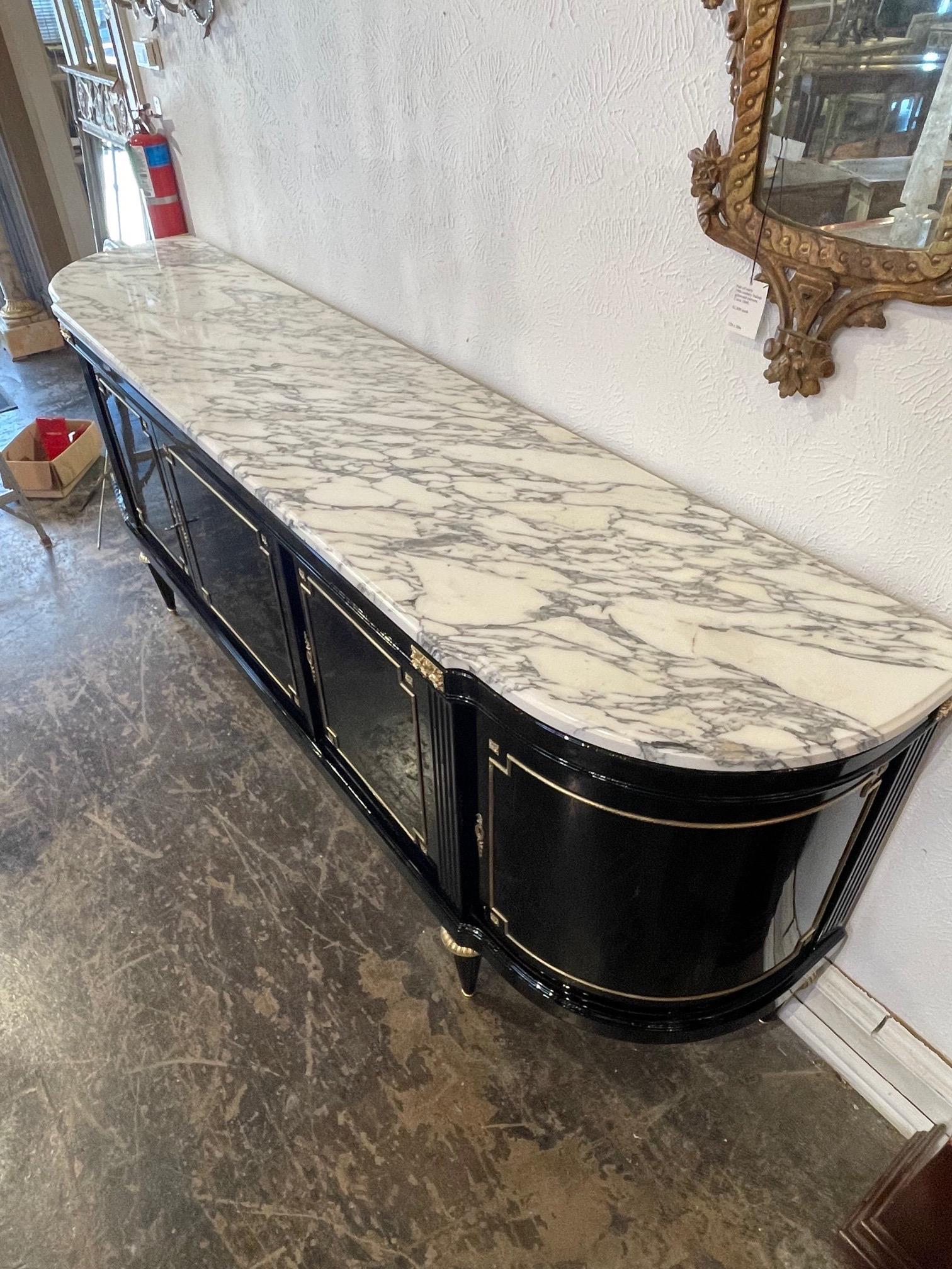 French Louis XVI Style Black Lacquered Side Board with Marble Top 1