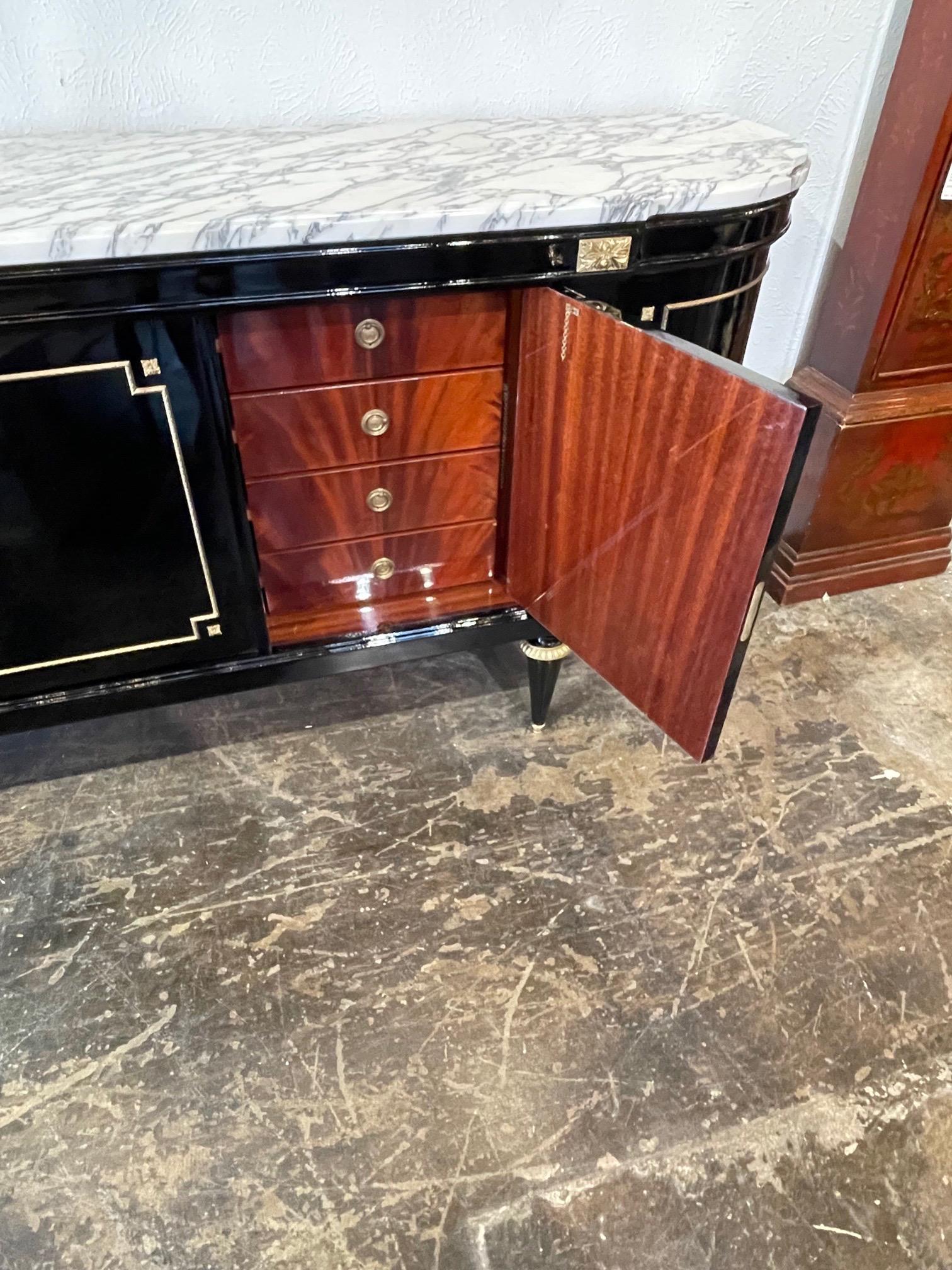 French Louis XVI Style Black Lacquered Side Board with Marble Top 3