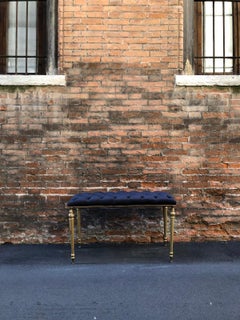 French Louis XVI Style Black Leather Brass Legs Bench from 1940s