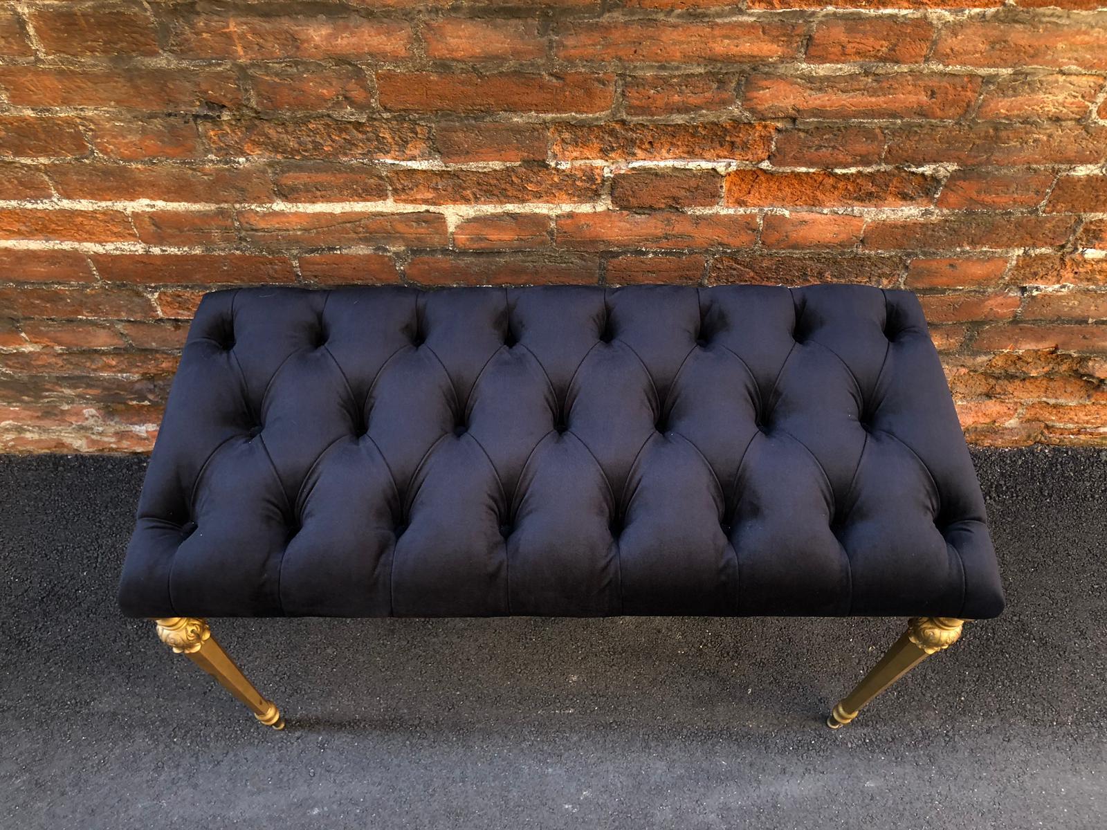 20th Century French Louis XVI Style Black Leather Brass Legs Bench from 1940s