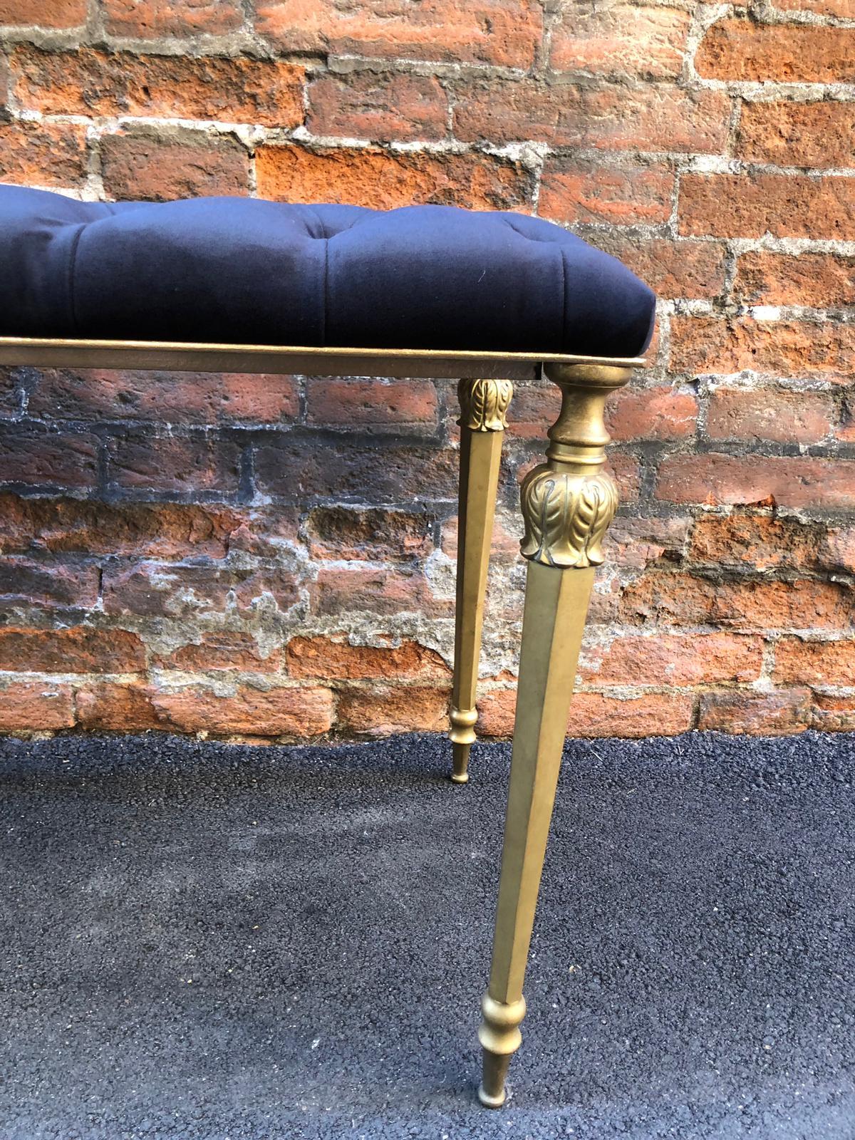 French Louis XVI Style Black Leather Brass Legs Bench from 1940s 1