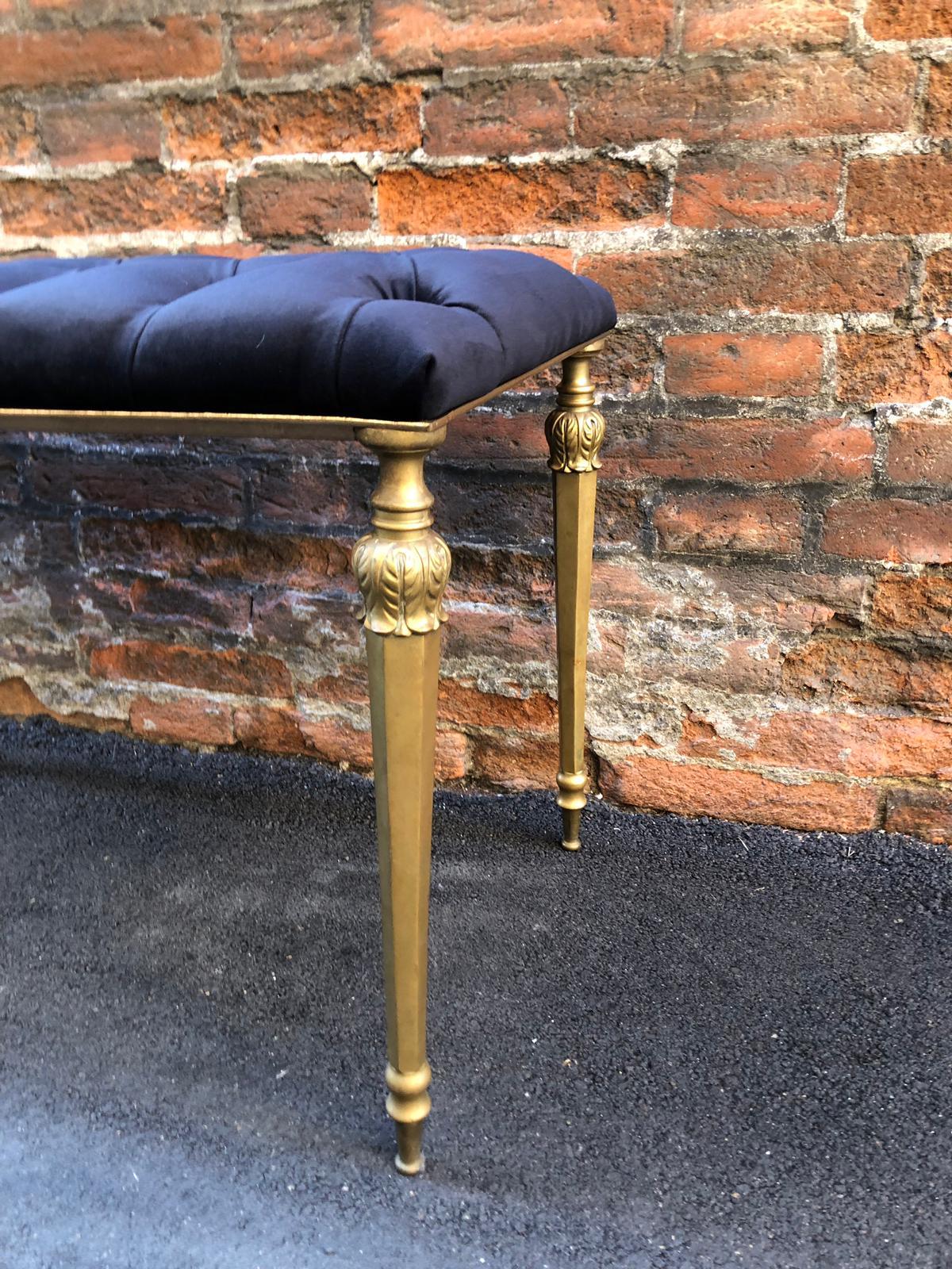French Louis XVI Style Black Leather Brass Legs Bench from 1940s 2