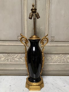 French Louis XVI Style Black Porcelain Table Lamp with Gilt Bronze Mounts