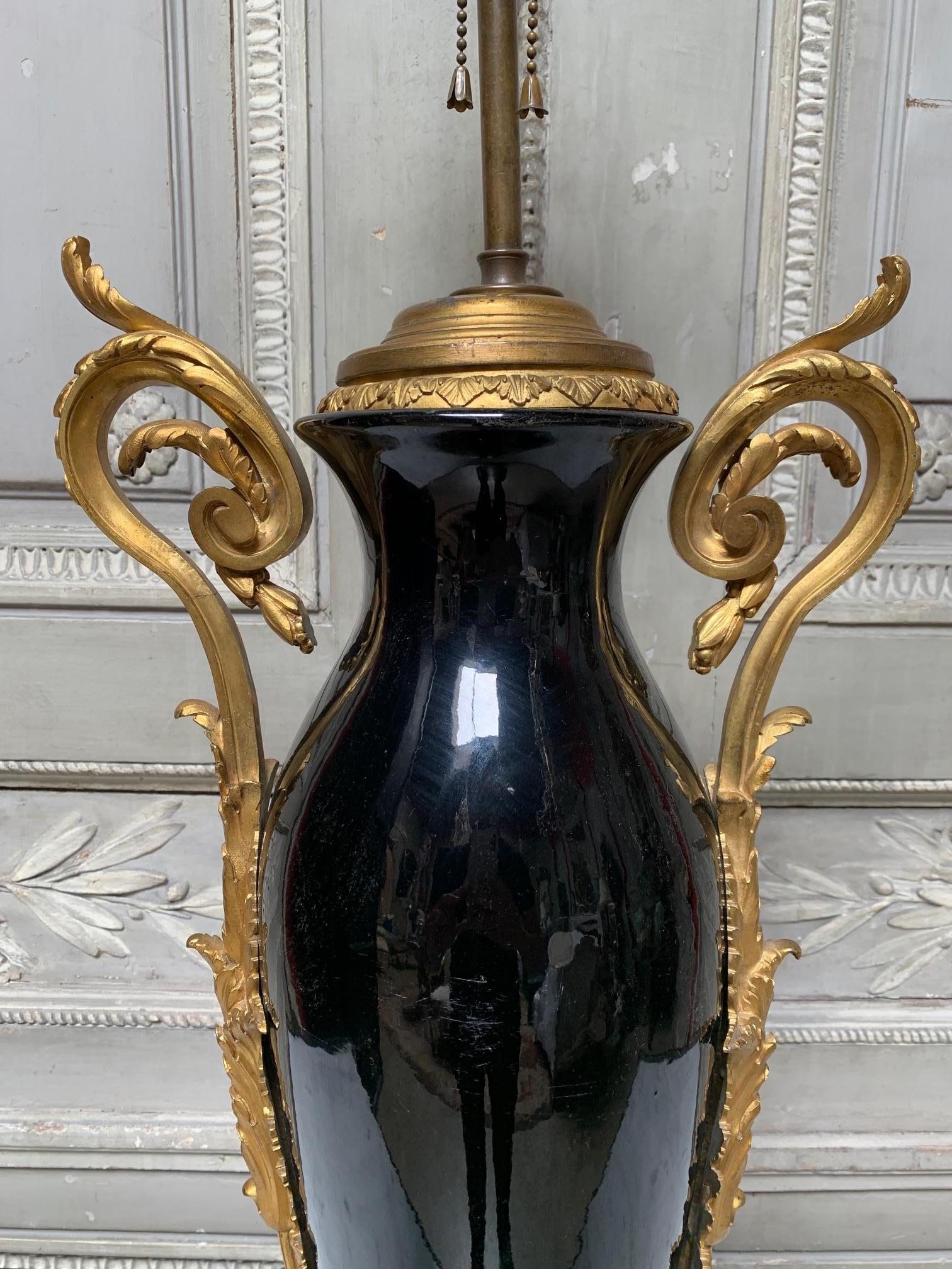 Plated French Louis XVI Style Black Porcelain Table Lamp with Gilt Bronze Mounts For Sale