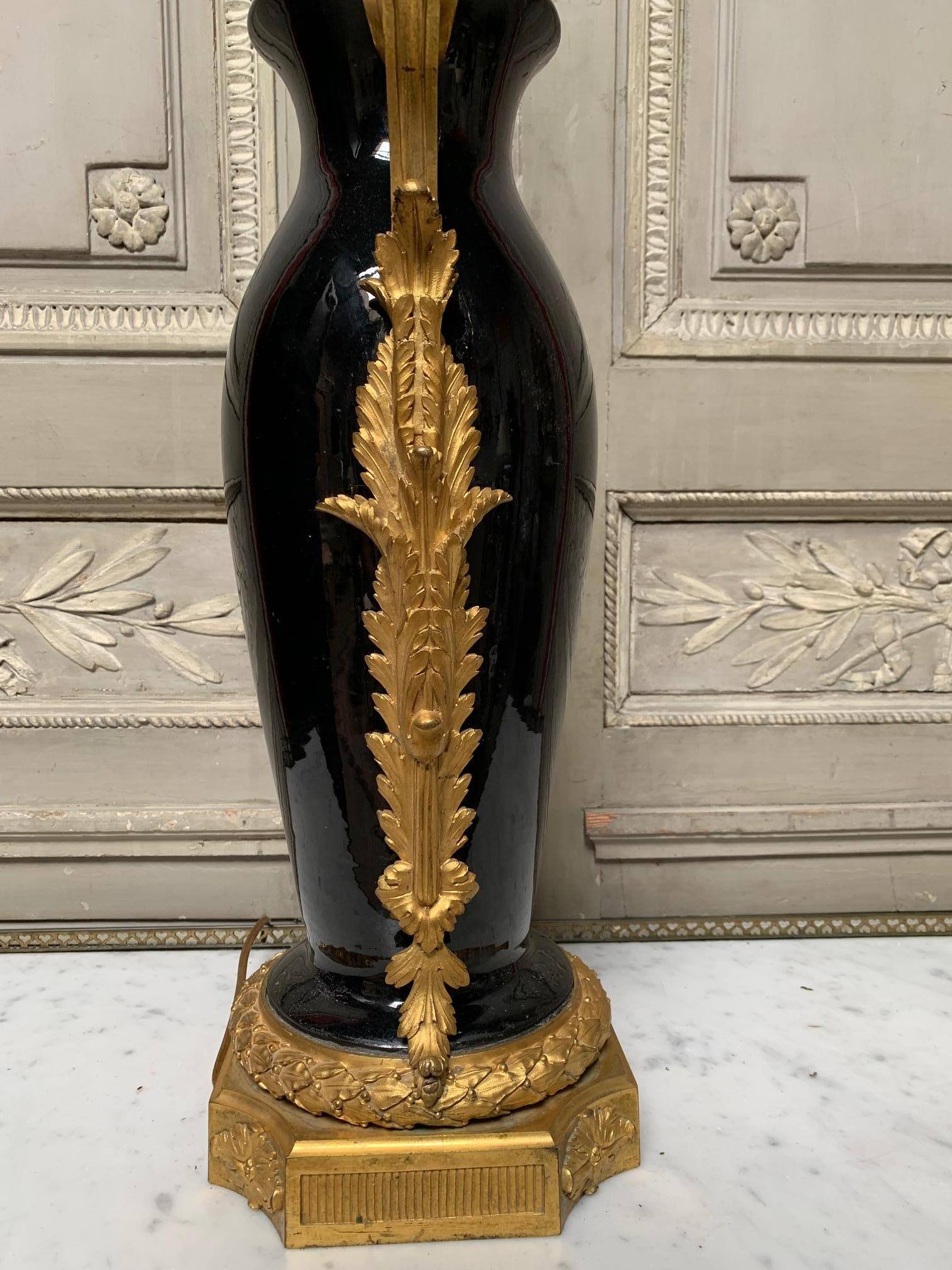 19th Century French Louis XVI Style Black Porcelain Table Lamp with Gilt Bronze Mounts For Sale