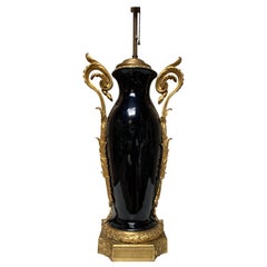 Antique French Louis XVI Style Black Porcelain Table Lamp with Gilt Bronze Mounts